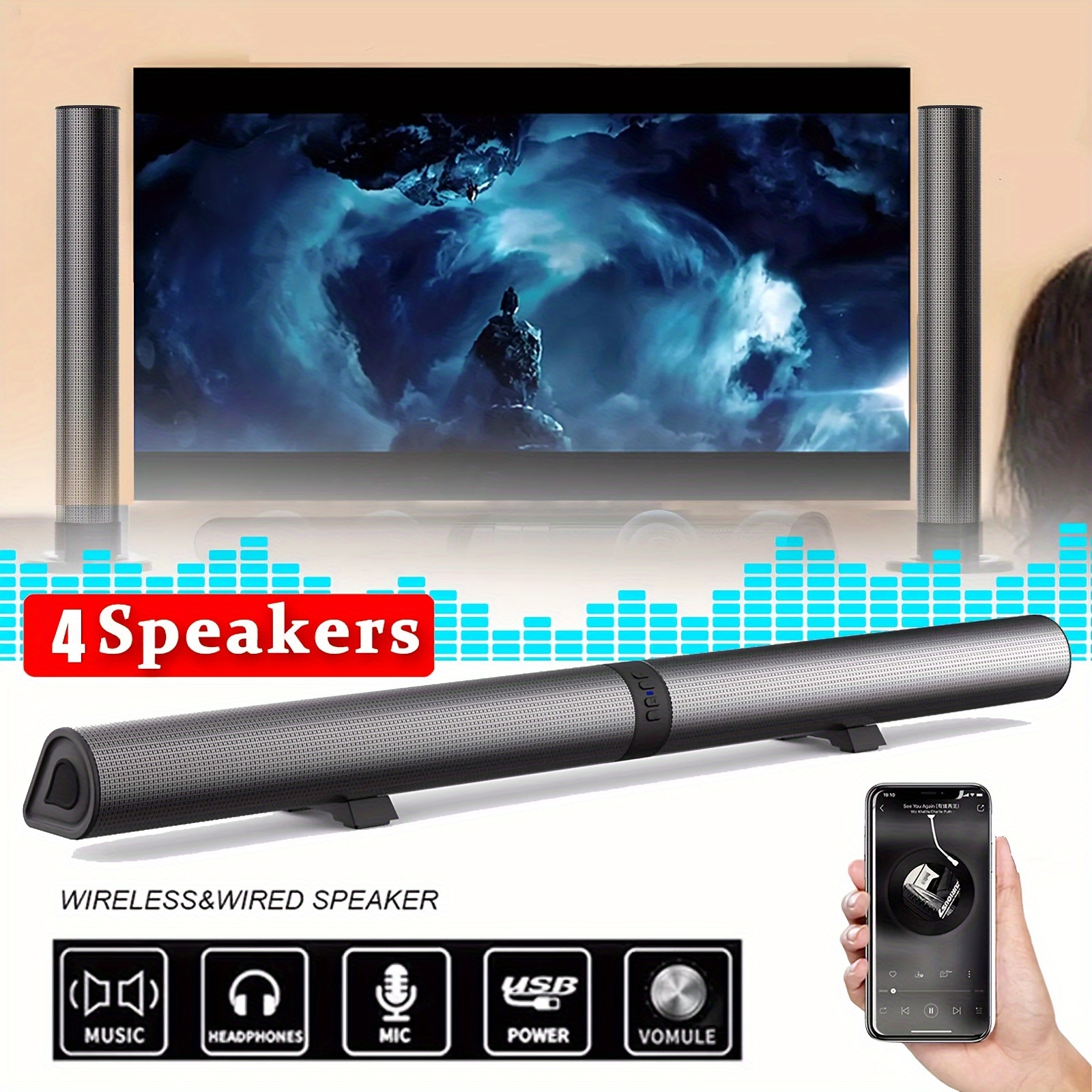 

For Tv With Subwoofer, 20w, Detachable Wireless Tv Soundbar 3d Speaker For Home Theater Audio, Tf/aux/fm/rca, Movie, Game