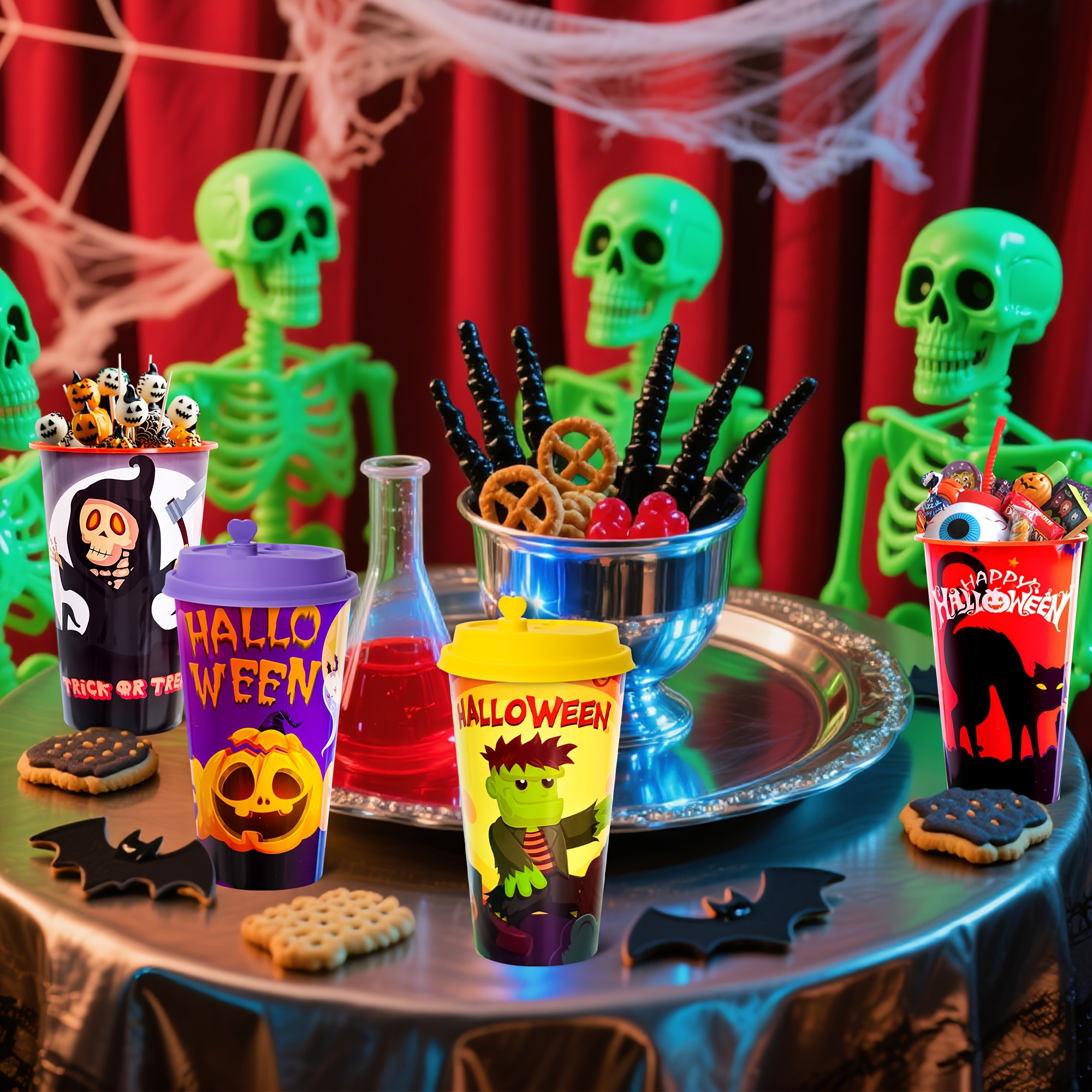 Image of 4pcs, Halloween Theme Party Cup, Halloween Decoration Glass, 16 Oz Reusable Plastic Cup, Trick Or Treat, Happy Halloween, Festival Theme Decoration Ideal Products