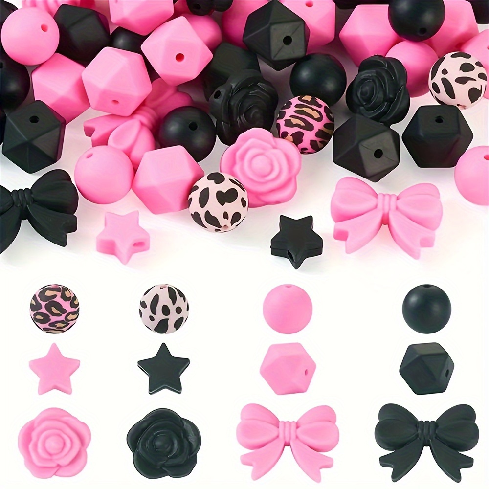 

64pcs 15mm Black And Pink Silicone Beads Leopard Print Star Flower Butterfly Bow Shape Spacer Beads For Diy Pen Keychain Jewelry Making Craft Beads