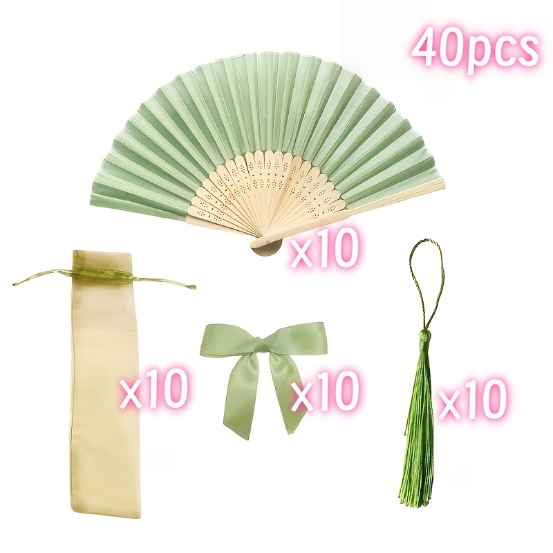 TEMU Personalized Custom Olive Green Suit Green Wedding Favor Fan Set, Women's Handheld Folding Fan With , Tassels, And Gift Bag, Diy Decoration