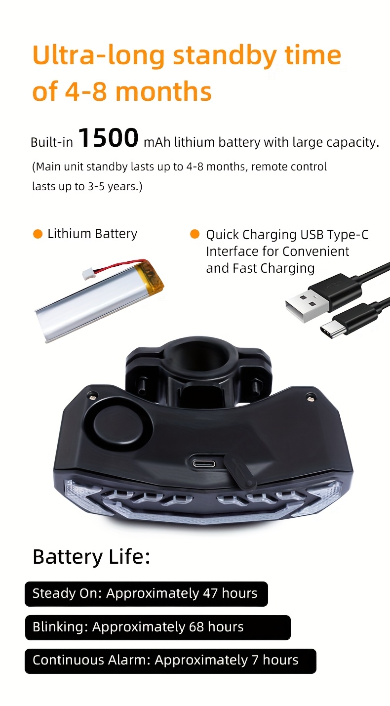 Vijf-in-één Intelligente Fiets Anti-diefstal Apparaat | Anti-diefstal Alarm (113dB), Stuur-/Rem Signaal, Zes Maanden Batterijduur, USB Opladen, Oplaadbare Lithium Batterij - Ultieme Rijveiligheids Garantie