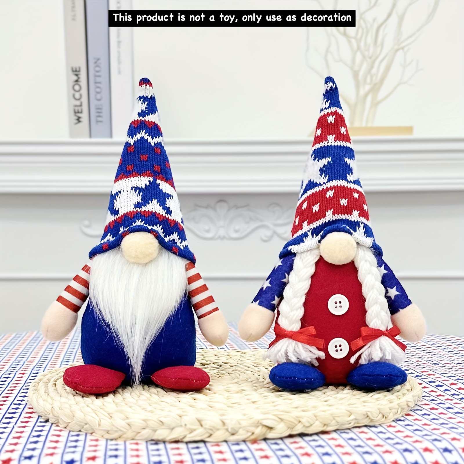 

2pcs Patriotic Gnome Plush Dolls, Red & Blue Knit Hat Gnomes Doll, Star-spangled Decor, Festive Indoor Decoration, Polyester Material, Independence Day, 4th Of July Decor