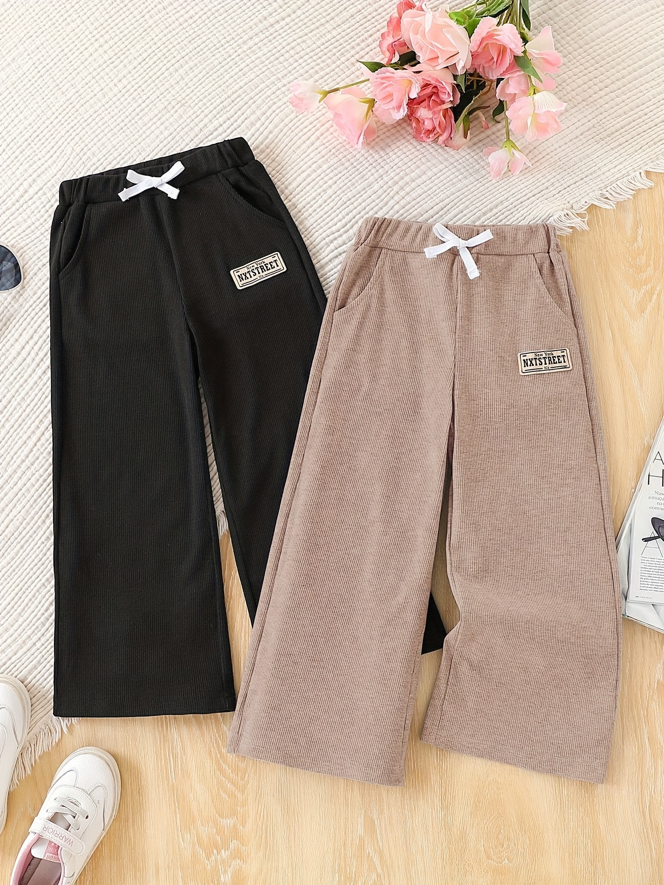 2pcs Young Girl Casual Ribbed Comfortable Versatile Straight Leg Trousers, for Outdoor