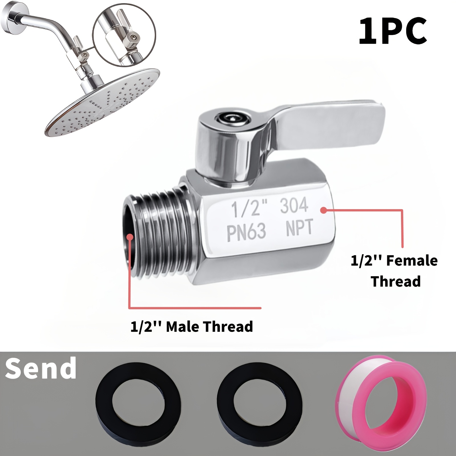TEMU Robinet d'arrêt de pommeau de douche, filetage NPT intérieur/extérieur 1/2 pouce, mini-buse sphérique en acier inoxydable 304, vanne de contrôle