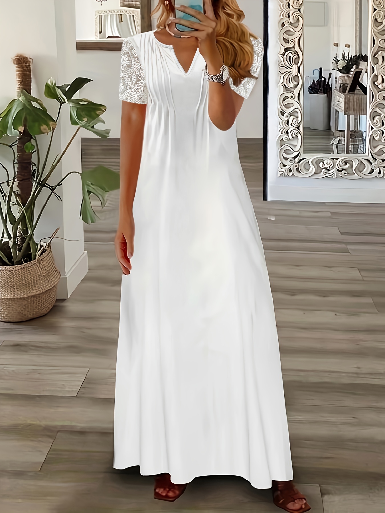 womens elegant white v neck maxi dress lace detail pleated Temu