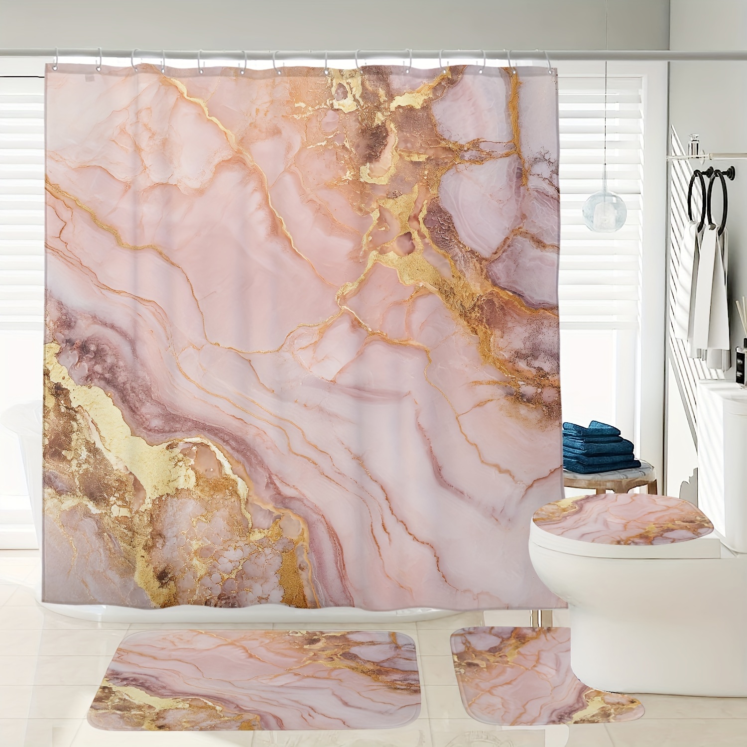 

Marble Pattern Shower Curtain Set With Non-slip Bath Mat, Toilet Lid Cover, And Polyester Lining - Cordless, Woven, Waterproof, Digital Print Bathroom Decor With 12 Hooks - Forest Themed, 72x72 Inches