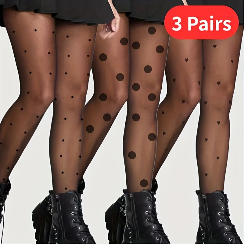 Image of 3-pair Women's Plus Size High-waist High-stretch Polka Dot Vintage Premium Natural Versatile Base Layer Tights, Anti-snag Stockings With Polka Dots And Hearts, Fashionable And Versatile