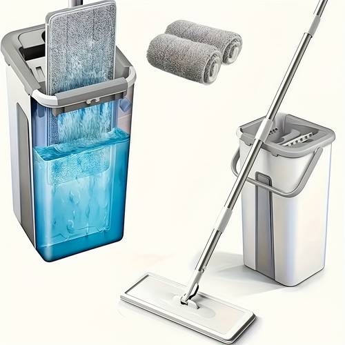 Conjunto de Esfregão e Balde com Espremedor para Casa – de Esfregão para Limpeza Eficiente de Pisos e Paredes, 2 Almofadas de Microfibra Reutilizáveis, Ideal para Quarto, Banheiro, Cozinha, , Ferramentas de Limpeza |Design Elegante de Esfregão|Esfregão com Cabo de Metal, Esfregões para Limpeza de Pisos