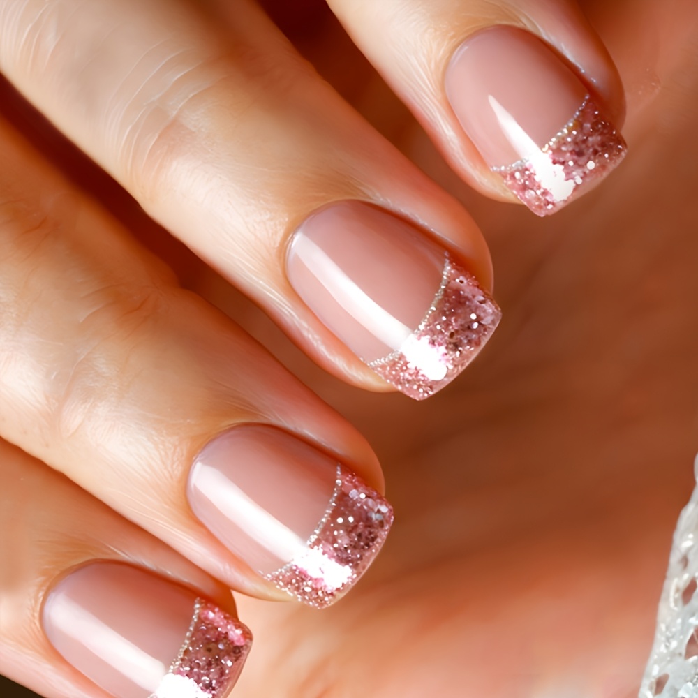 TEMU 24pcs Faux Ongles Carrés Courts Brillants Rose et Argent Faux Ongles à Presser Style Français avec Paillettes Réutilisables pour Femmes et