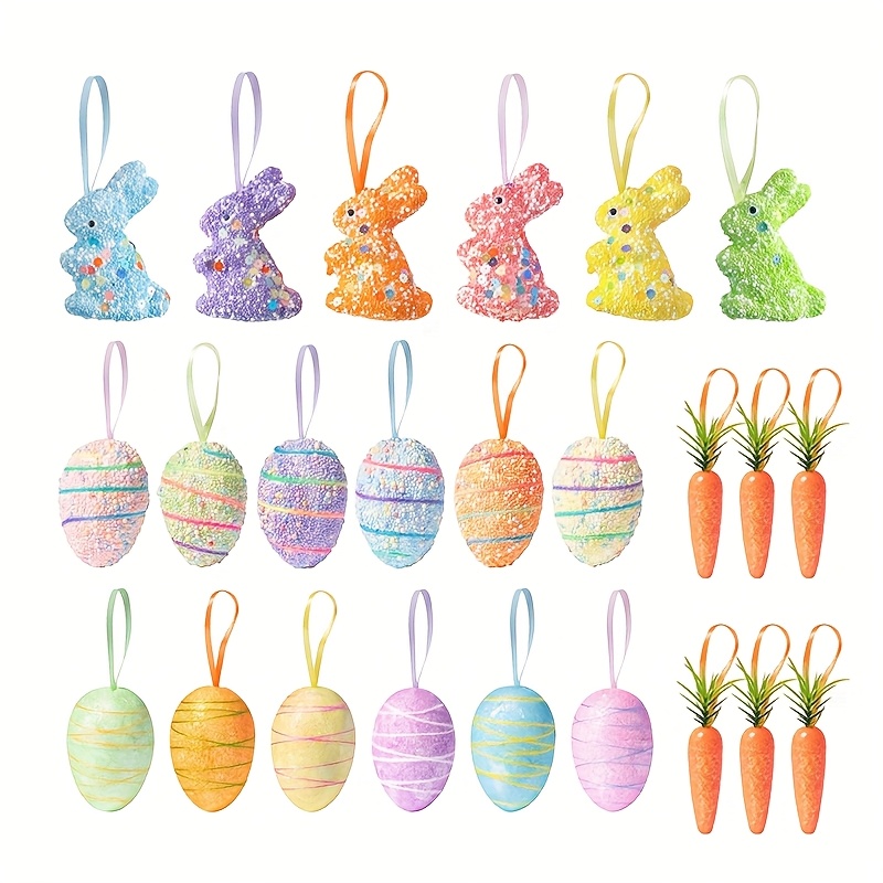 

24- Easter Tree Hanging Ornaments, Foam Egg Bunny Pendants With Rope, Glitter Rabbit Craft, Plastic Party Decor For Home & School, No Electricity Needed, Spring & Decorations