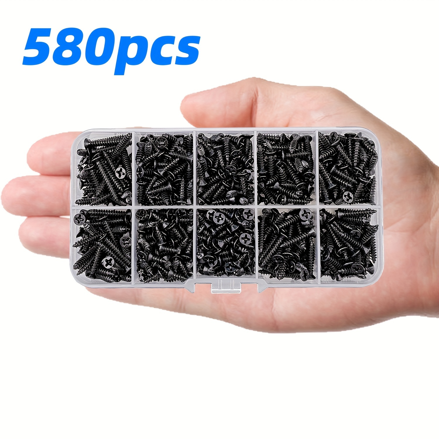 580pcs Self-tapping Screw Set, Steel, M3 Phillips Pan Head Assortment Kit With Clear Box For Plastic, Wood, - Class 4 Durable Metal Material
