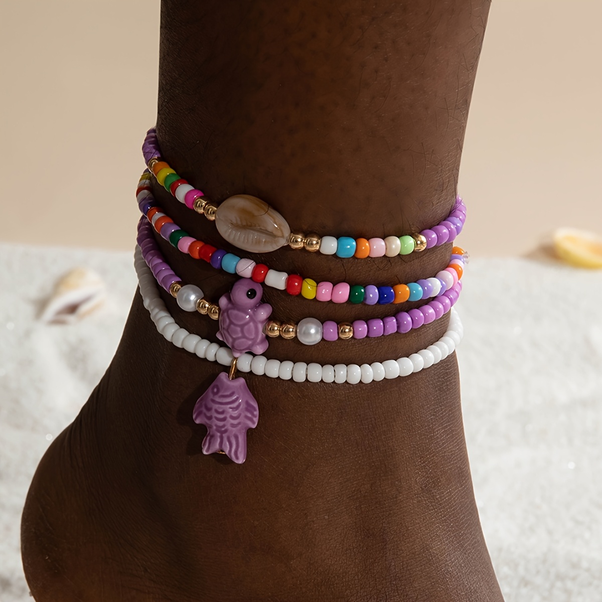 Beach Style Rice Bead and Shell Anklet Set for Women Dance Party