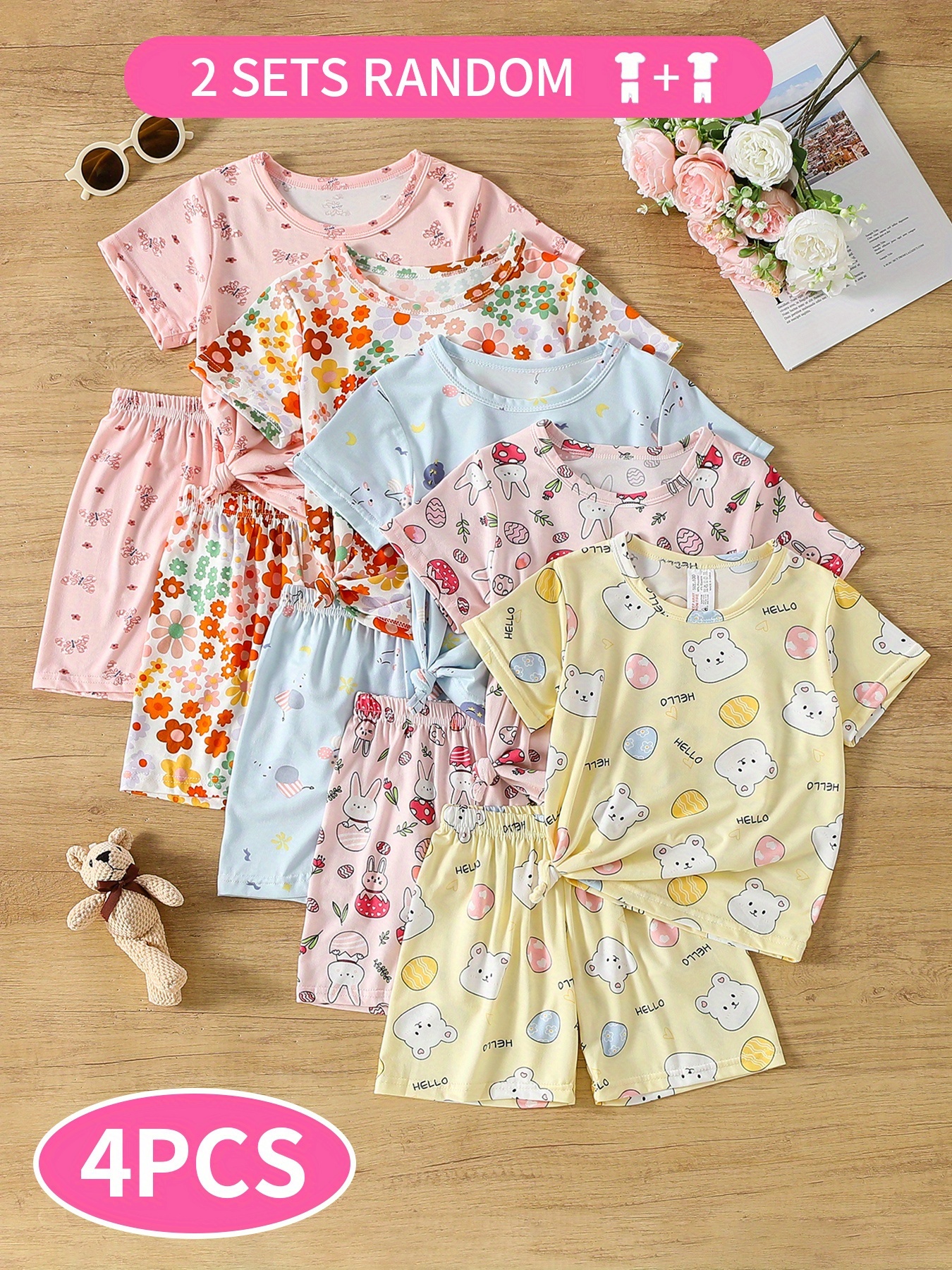 2pcs t shirts 2pcs shorts random 4pcs girls casual shorts suit summer middle and large childrens girls baby short sleeve shorts suit casual fashion sisters dress     loose and breathable at 4 12 years old   outdoor