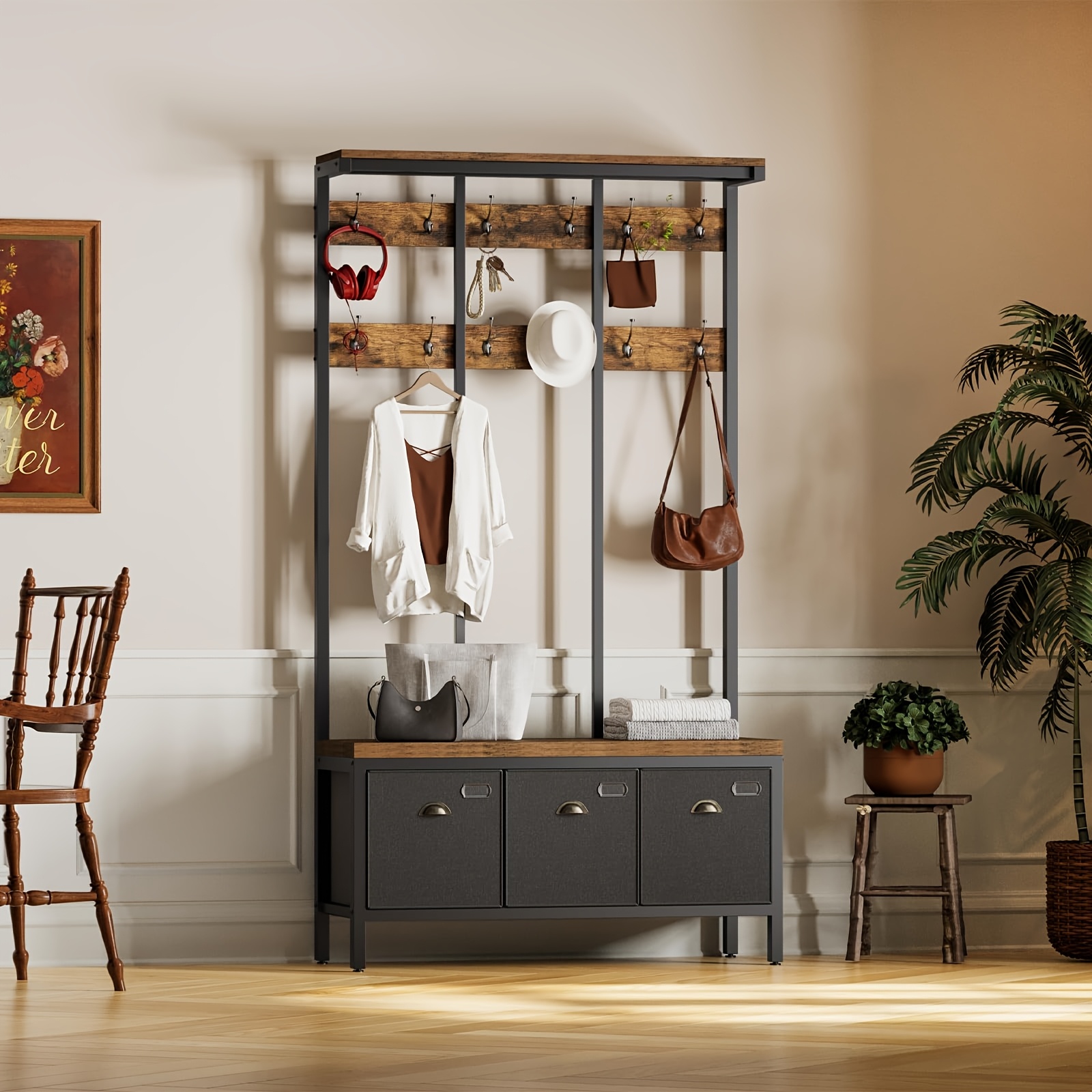 Image of Coat Rack, Large Coat Rack, Clothes Rack With 12 Hooks, Bench With 3 Storage Boxes, Shoe Bench, Stable, Industrial, For Entrance Area, Living Room, Bedroom