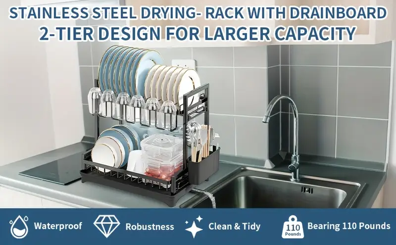 large 2 tier dish drying rack for kitchen counter detachable large capacity dish drainer organizer with utensil holder dish drying rack with drain board plate silverware pots and pans drying rack for kitchen Product details 0