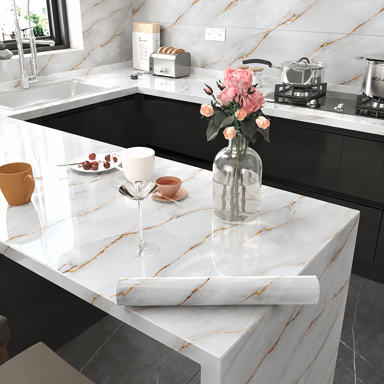 TEMU 1 Roll White Glossy Marble Peeling And Sticking Wallpaper, Light Self-adhesive Wallpaper, Used For Kitchen Countertops, Panels, Cabinet Home