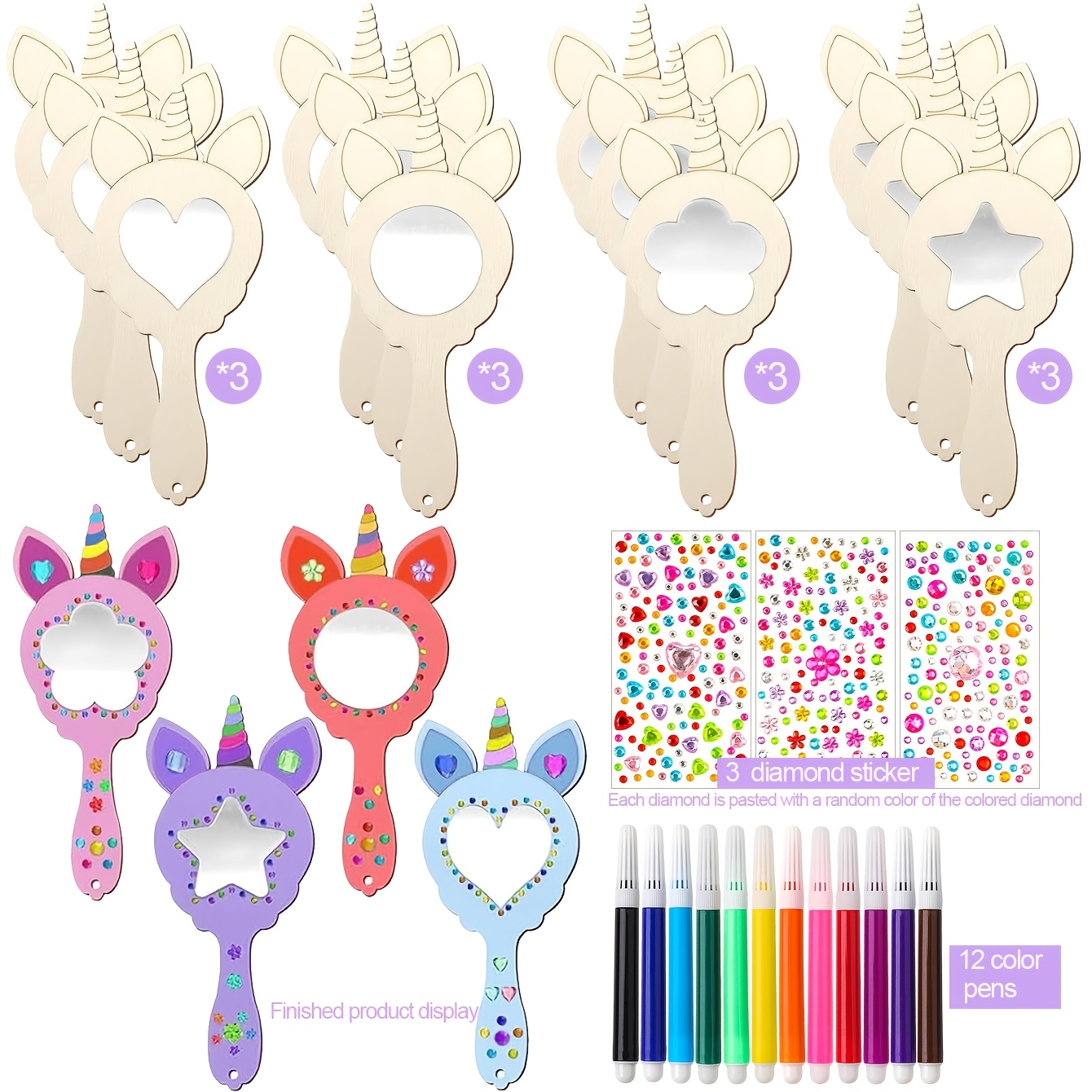 Image of 4/12pcs Handmade Unicorn Mirror Set, Unfinished Wooden Handheld Mirror, Handicraft Kit, Random Colored Diamond Stickers And Colored Pens Included, Perfect Birthday Gift, Party Supplies, Easter Gift