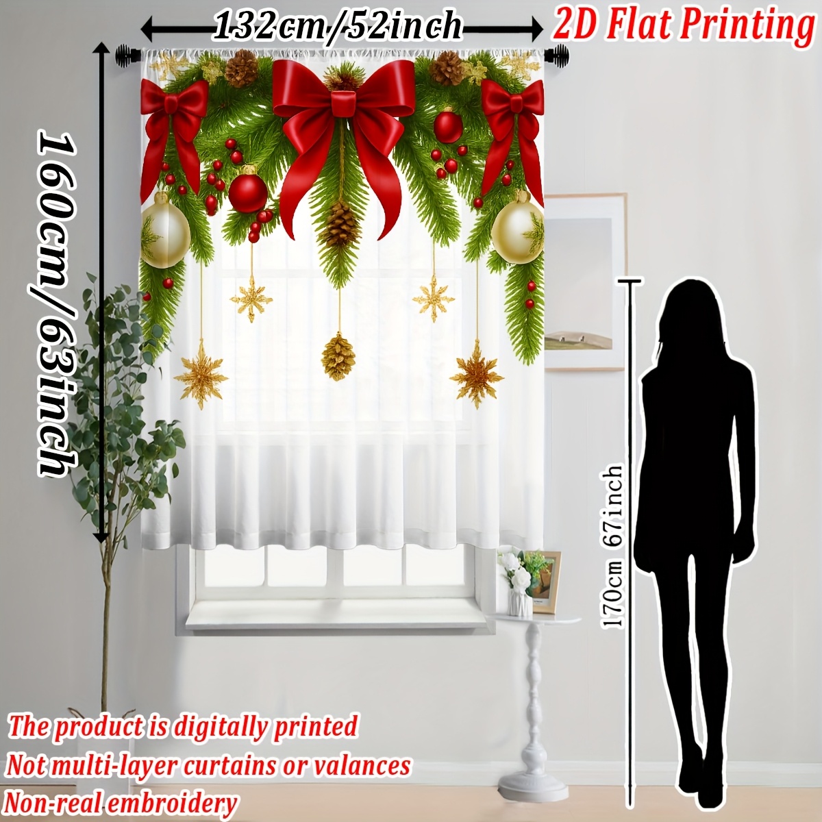 TEMU 2d Flat - 2d Flat - 2d Flat Printing, Pack Of 1, Transparent Sheer Curtain With Christmas-themed Prints Including Pine Cones, Snowflakes, Bows,