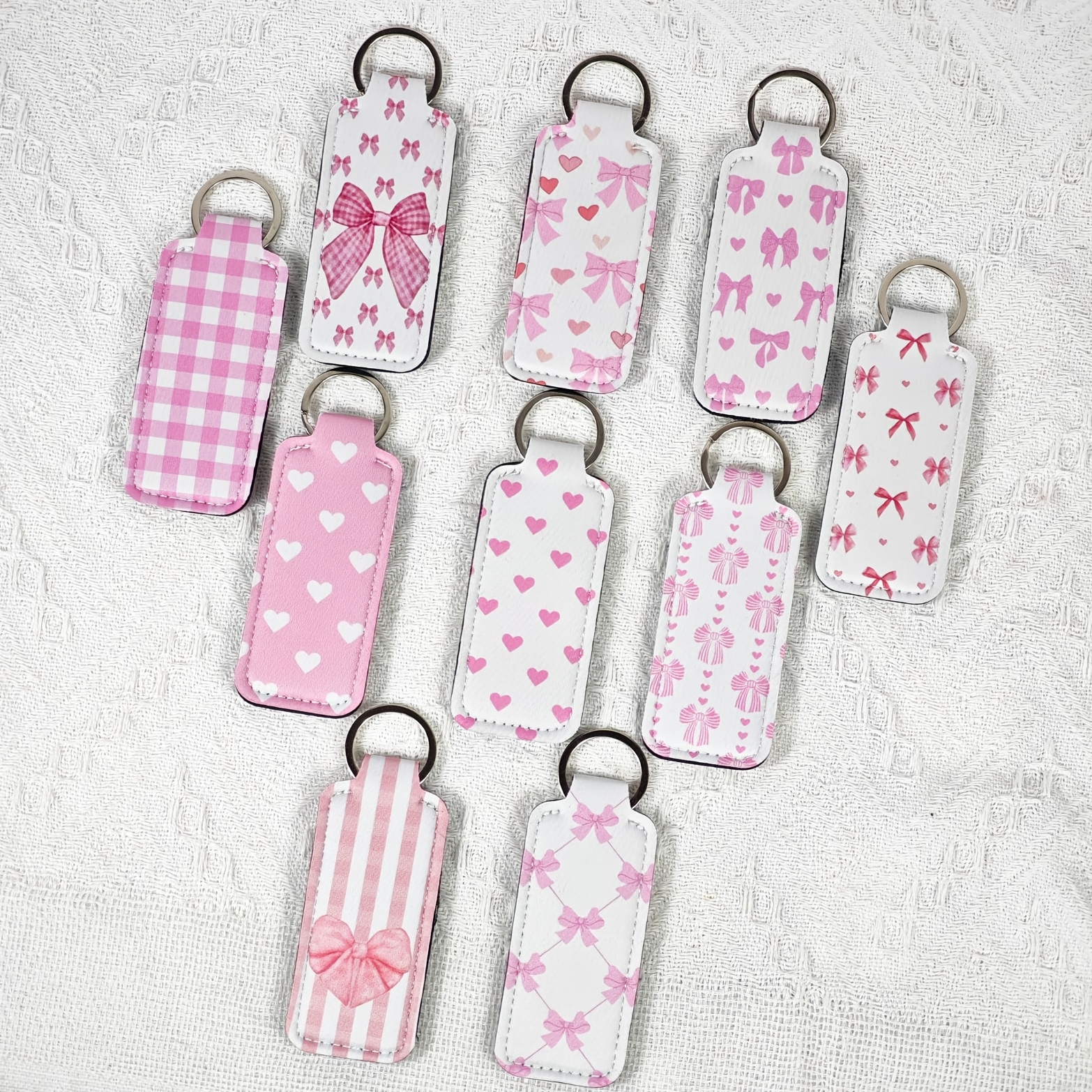 TEMU 10pcs Pink Bow Print Keychain | Neoprene Lip Balm Holder With Elastic Pouch | Unisex Backpack Charm | Backpack Accessory | Keychain Decoration |