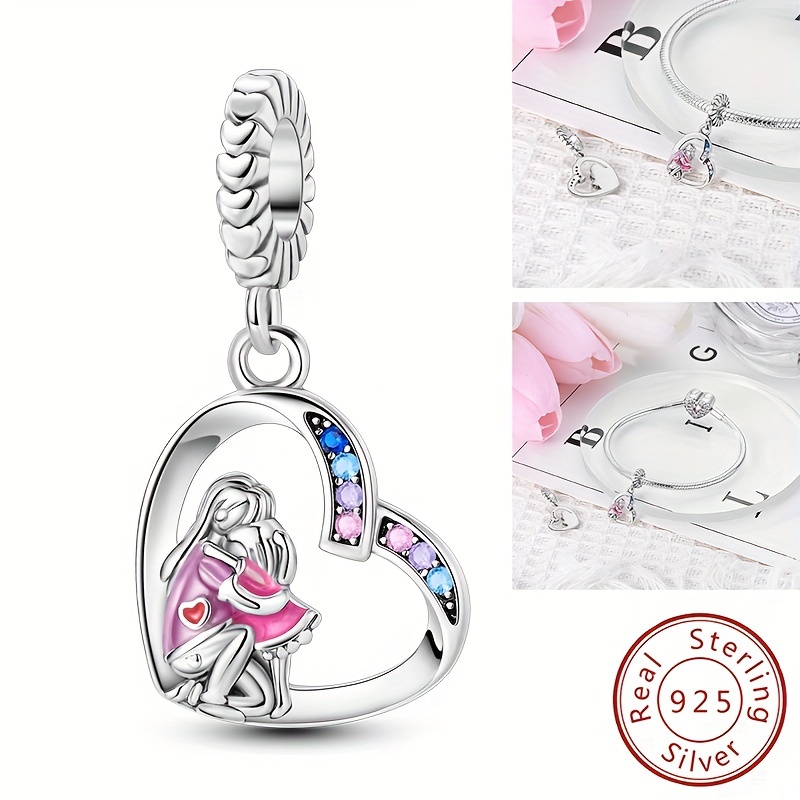 

925 Sterling Silver Pink Mother Daughter Love Hug Charm Fit Bracelet Women' Jewelry Accessories