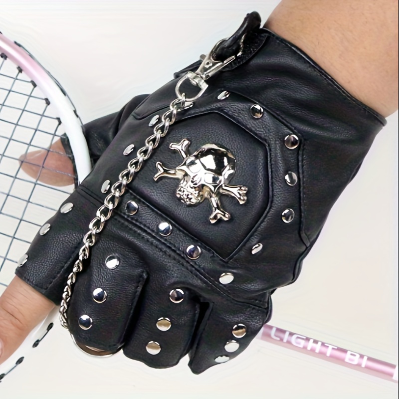 

Punk Style Fingerless Gloves With Skull Accent, Pu Leather Chain & Rivet Studded, Motorbike Riding Performance Gloves, Non-slip Outdoor Sports Half-finger Glove, Polyester Fiber, Knitted Pe - Black