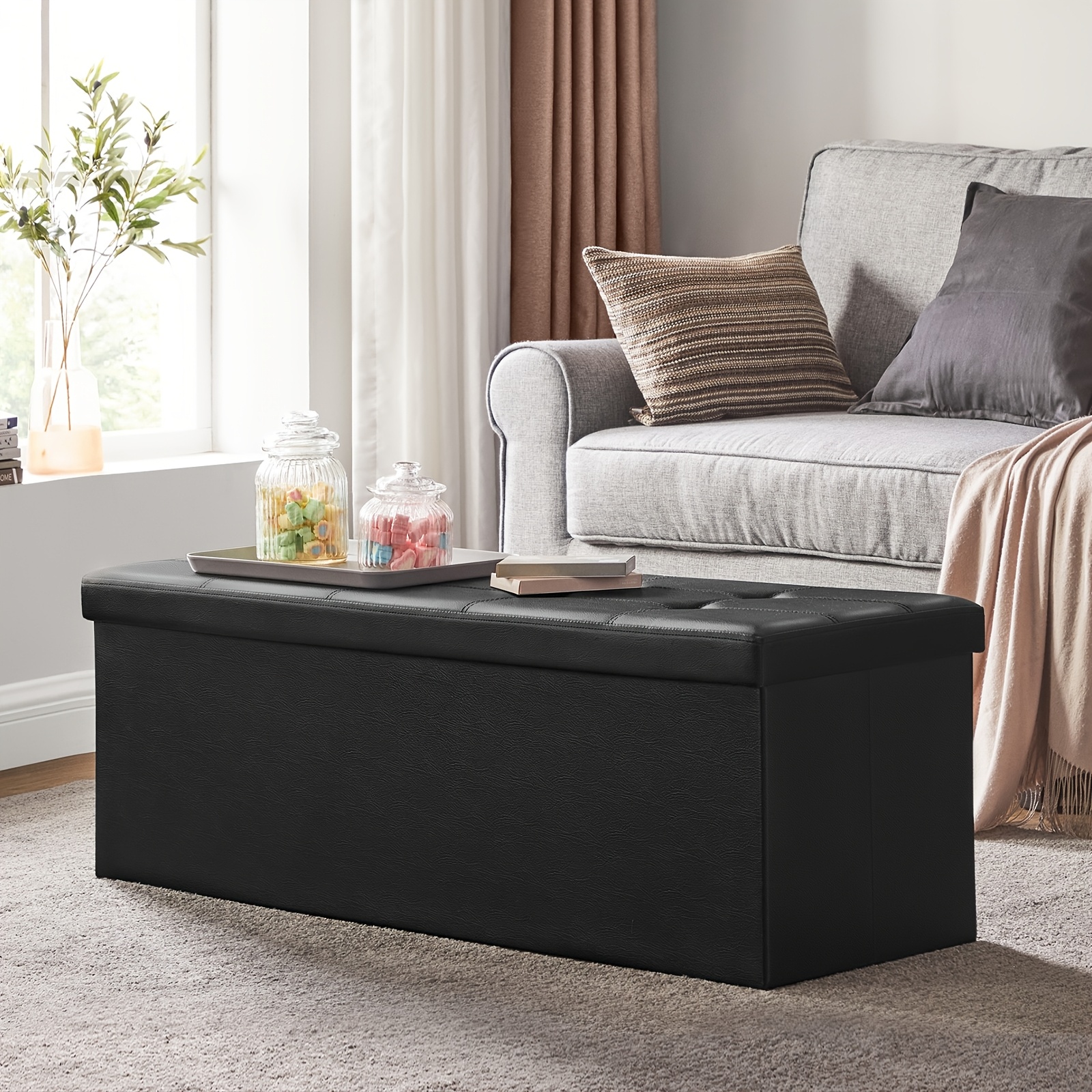 TEMU Songmics 43 Inches Folding Storage Ottoman Bench, Padded Seat, Storage Chest, Footrest, Ink Black