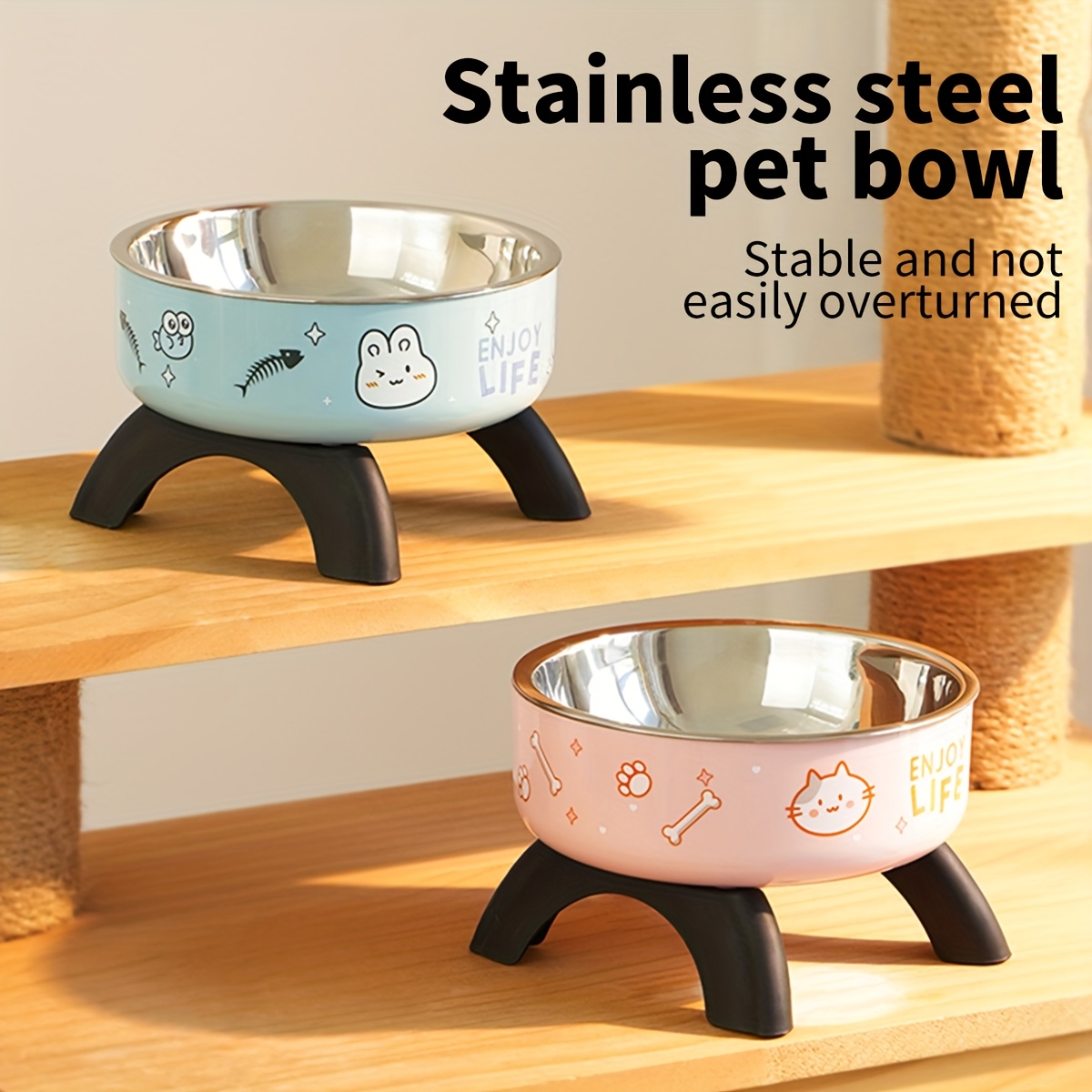 

Cartoon Printed Elevated Pet Bowl, Large Capacity Stainless Bowl, Neck-protecting Cat Feeder, Fashionable High Aesthetic Value Pet Dish, With Plastic Stand For Cats And Dogs