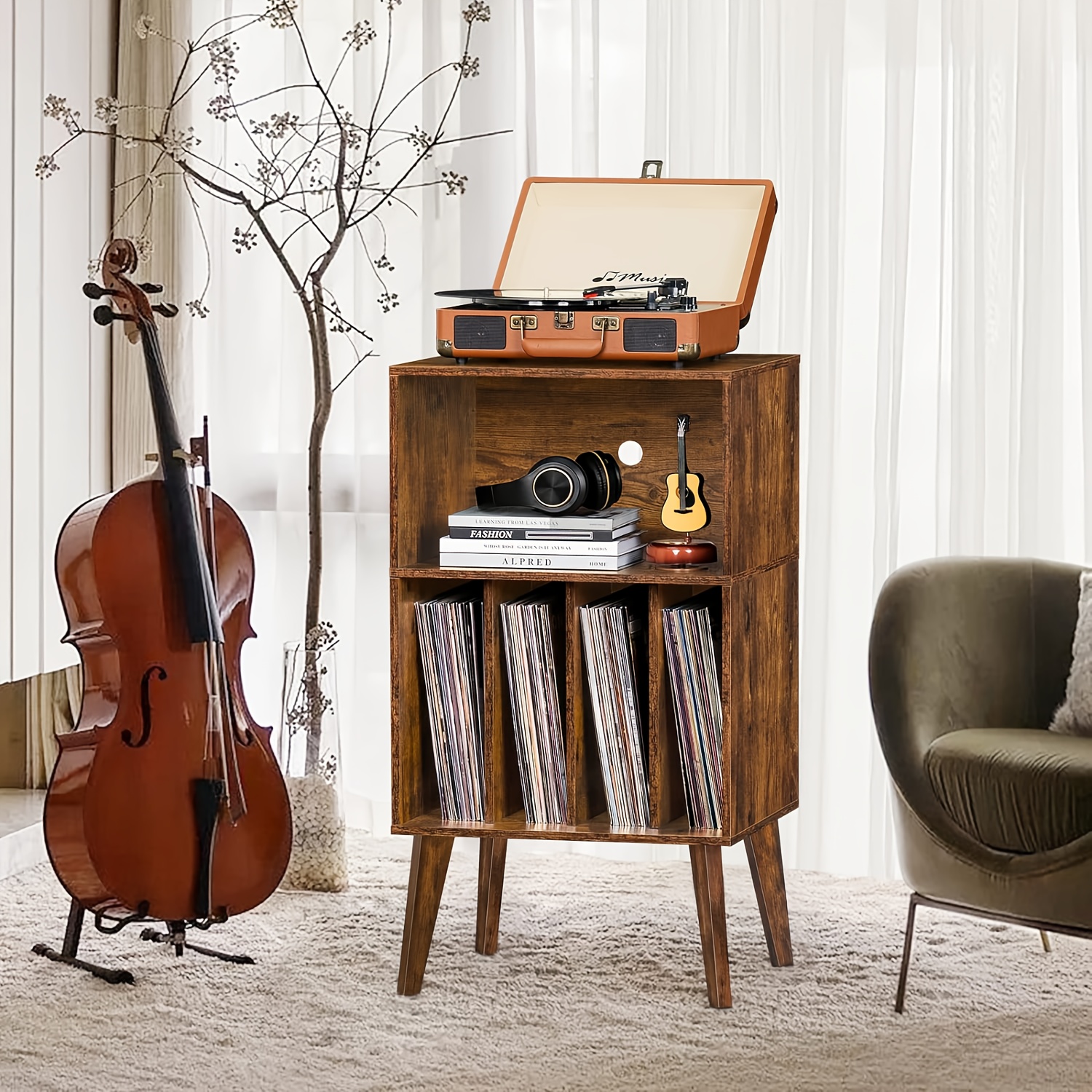 TEMU 1pc Vintage Mid-century Wooden Vinyl Storage Cabinet, Floor Mount Turntable Stand With Solid Legs, Holds 160 Albums, Record Player Display Shelf For Bedroom Living Room - No Electricity Needed