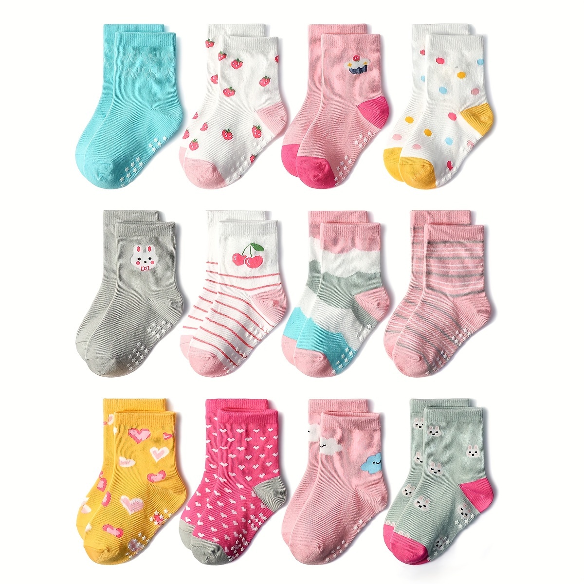 

12-pack Kids Non-slip Ankle Cotton Blend Socks With Grippers – Breathable, Sweat-absorbent, Knit Fabric, Machine Washable – All-season Footwear For Boys And Girls Aged 0-7 Years, Assorted Patterns