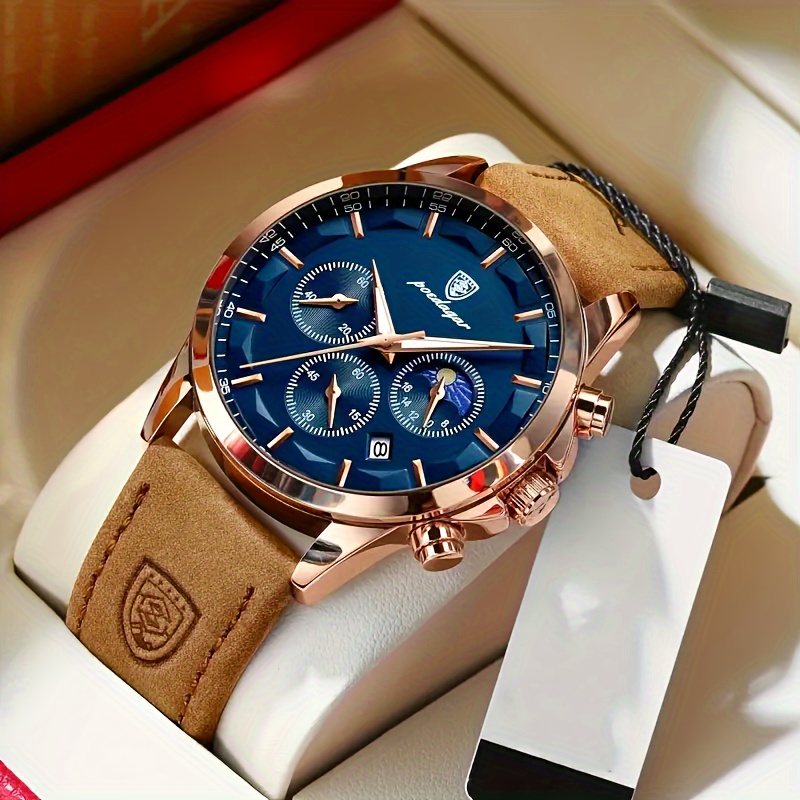

Round Quartz Watch Pu Leather Strap Alloy Pointer Alloy Case Blue Dial With Luminous Calender Business Casual Watch For Men Women