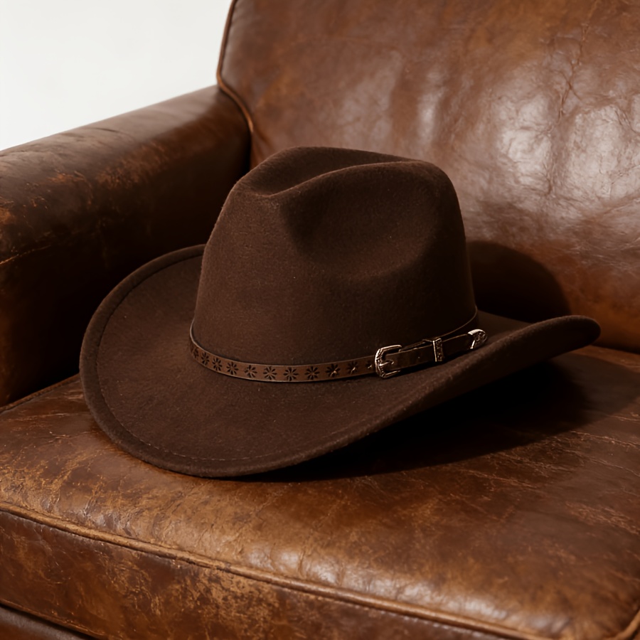 TEMU 1pc Western Cowboy Hat Wide-brim Pu Accent Fedora - Lightweight Brown Closure, Non-elastic Suitable For Outdoor Travel, Jazz Events & Casual