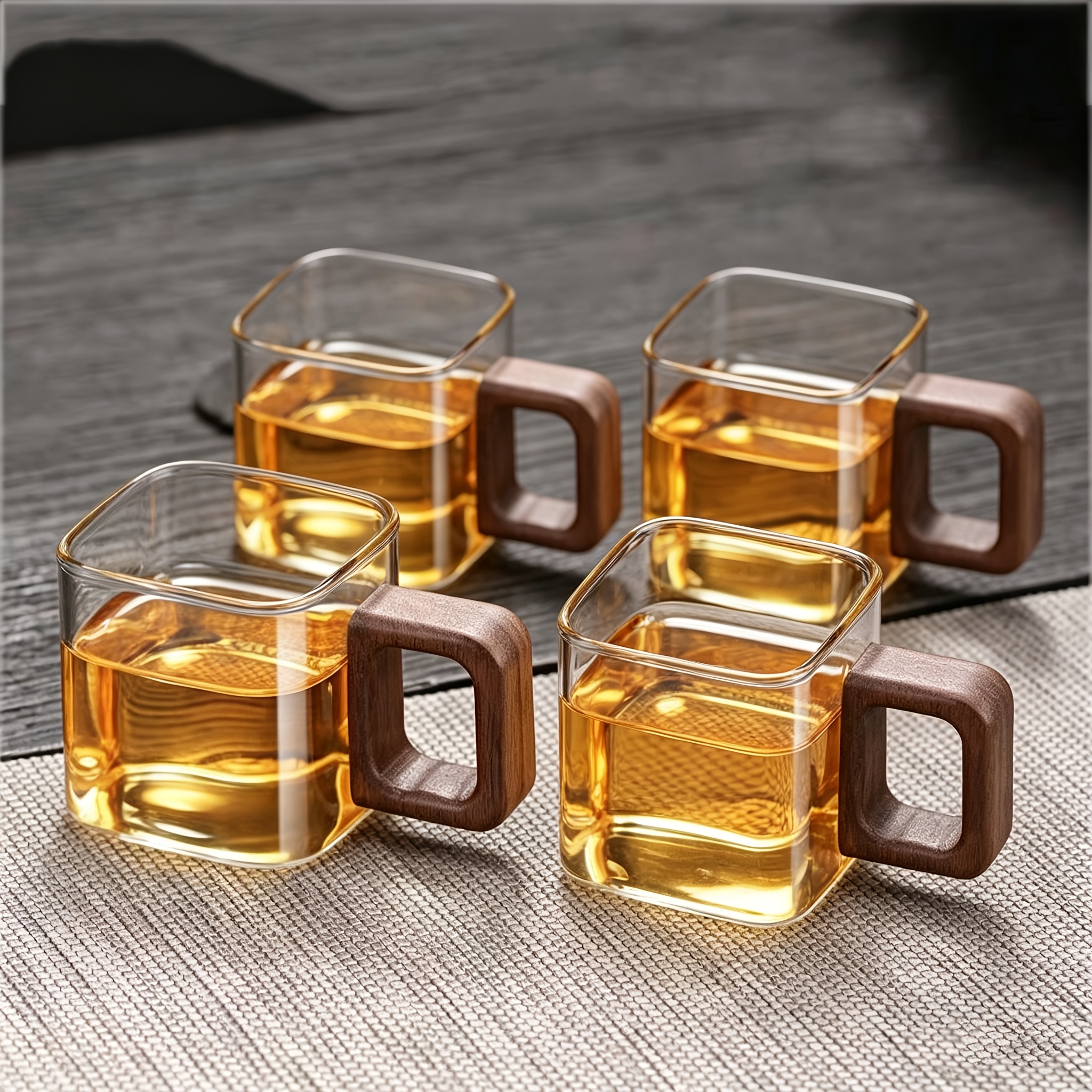 TEMU Set Of 4 High Borosilicate Glass Cups With Square Wooden Handles, Tea Cup Set, Small Glass Cups, Transparent Glass Drinkware, Guest Drinking Cup