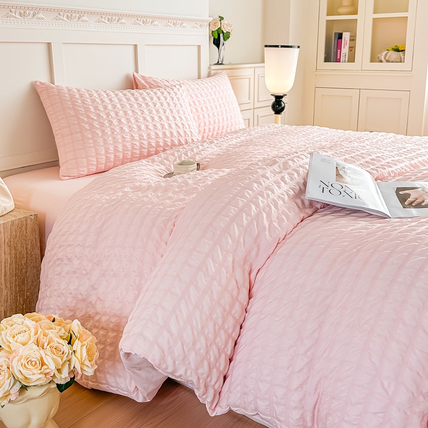 Image of 3pcs Bedding Duvet Cover Queen Size Seersucker Super Soft Duvet Covers Collection - Lightweight, Cooling Duvet Cover - Soft Breathable Bedding (queen, Pink)