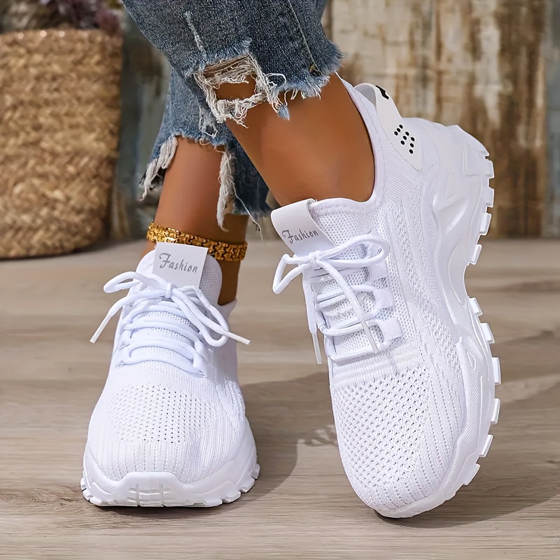 Image of Women's Fashion Solid Color Knit Sneakers, Summer Breathable Comfortable Outdoor Running Shoes, Low-top Lightweight Casual Shoes
