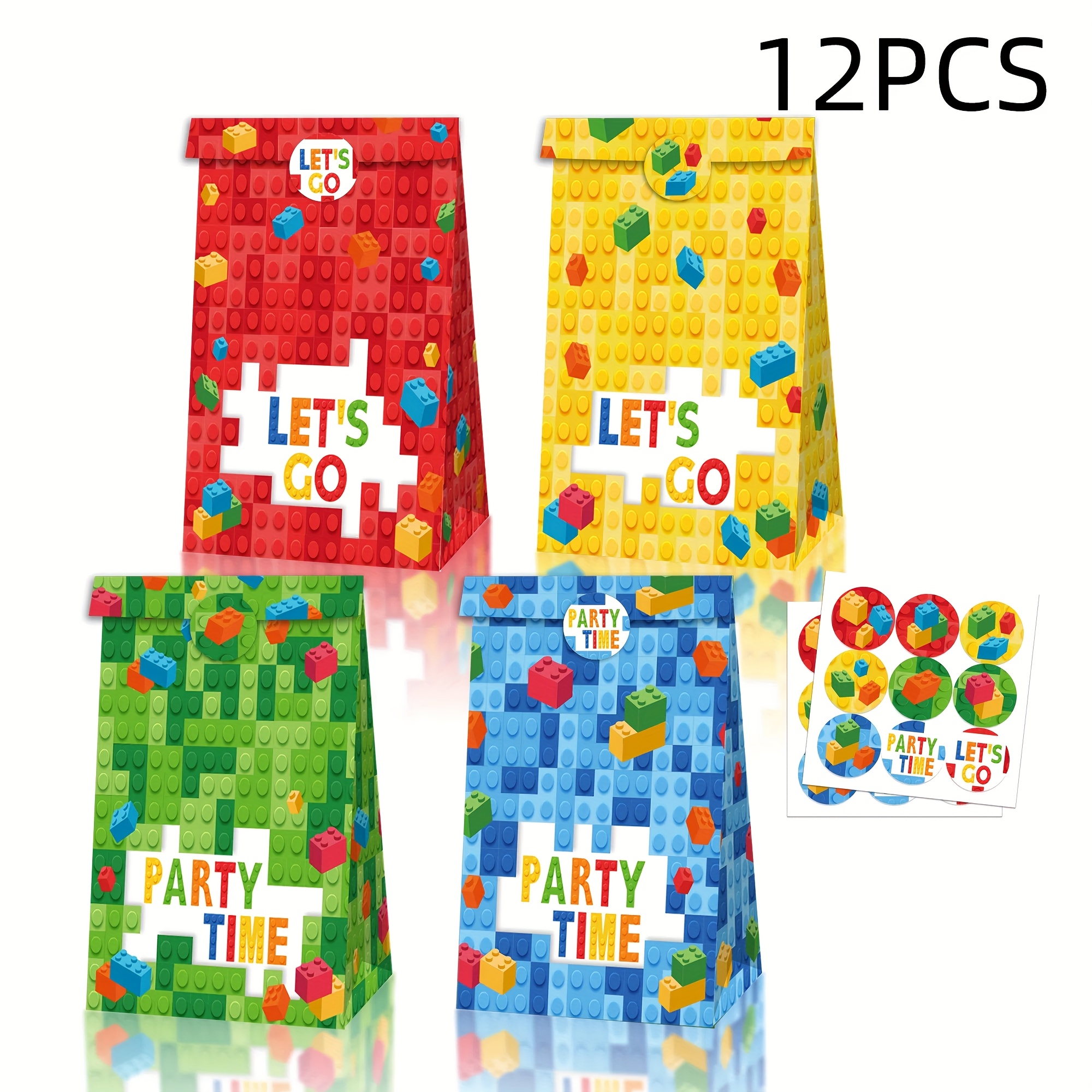 Image of Gift For Her/him 12 Paper Colorful Building Tote Bags With Pixelated Design, Flat Pockets, Suitable For Birthday Celebrations, Themed Events, Party Favor Bags, And Party Bag Fillers