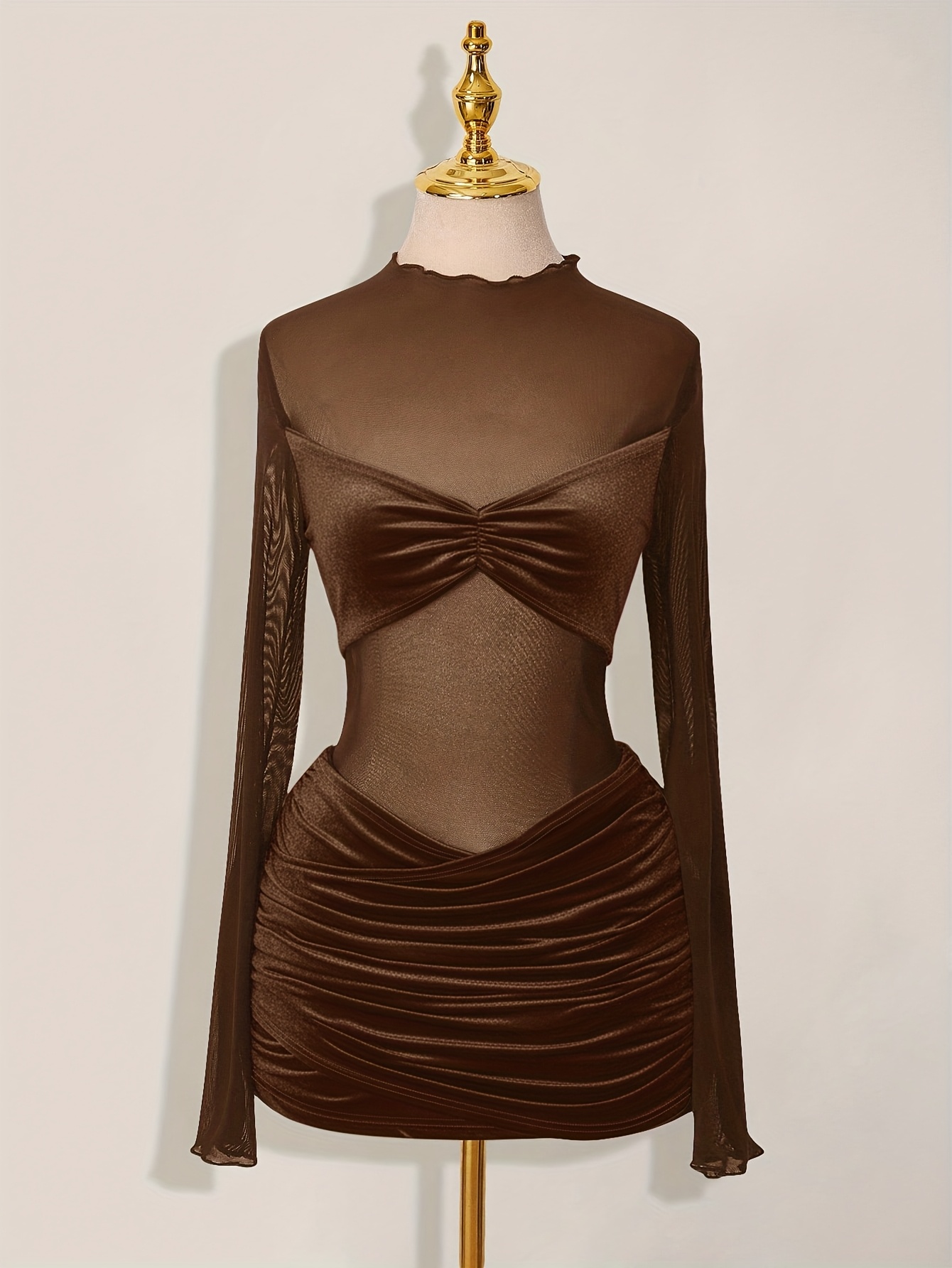 caramel brown color dress Sheer Embellished Long Sleeve A-Line Mini Dress in Deep Cocoa main image 0