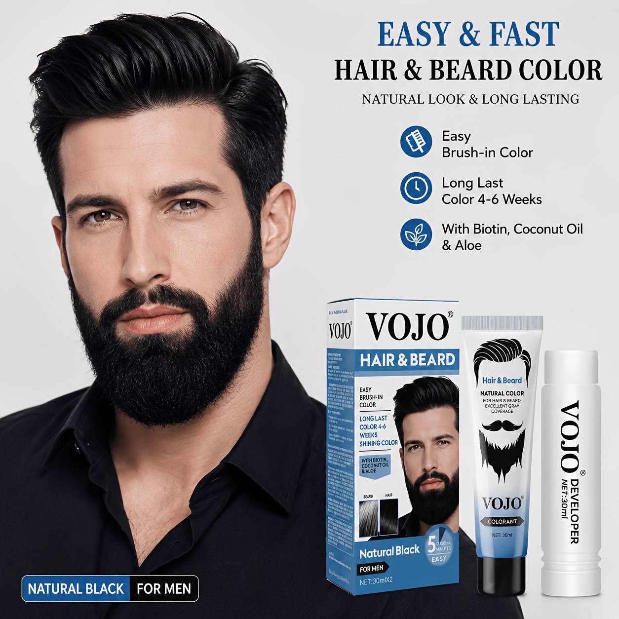 TEMU Teinture pour Barbe et Cheveux VOJO pour Hommes, Formulée avec de la Biotine, de l'Huile de , de Vera, etc., Colore Rapidement et est Facile à