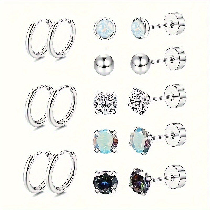 

8 Pairs Of Steel Ear , Sensitive Ear , Anti-allergic 20g Stainless Steel Female Ear , Male Ear , Small Opal Balls, Cz Surgical Steel Ear , Flat Back, Ear