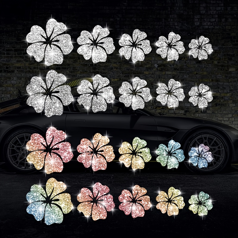 

Set Of 10 Shiny Flower Car Stickers, Glittery Reflective Vinyl - Suitable For Car Body, Bumpers, Window Decoration