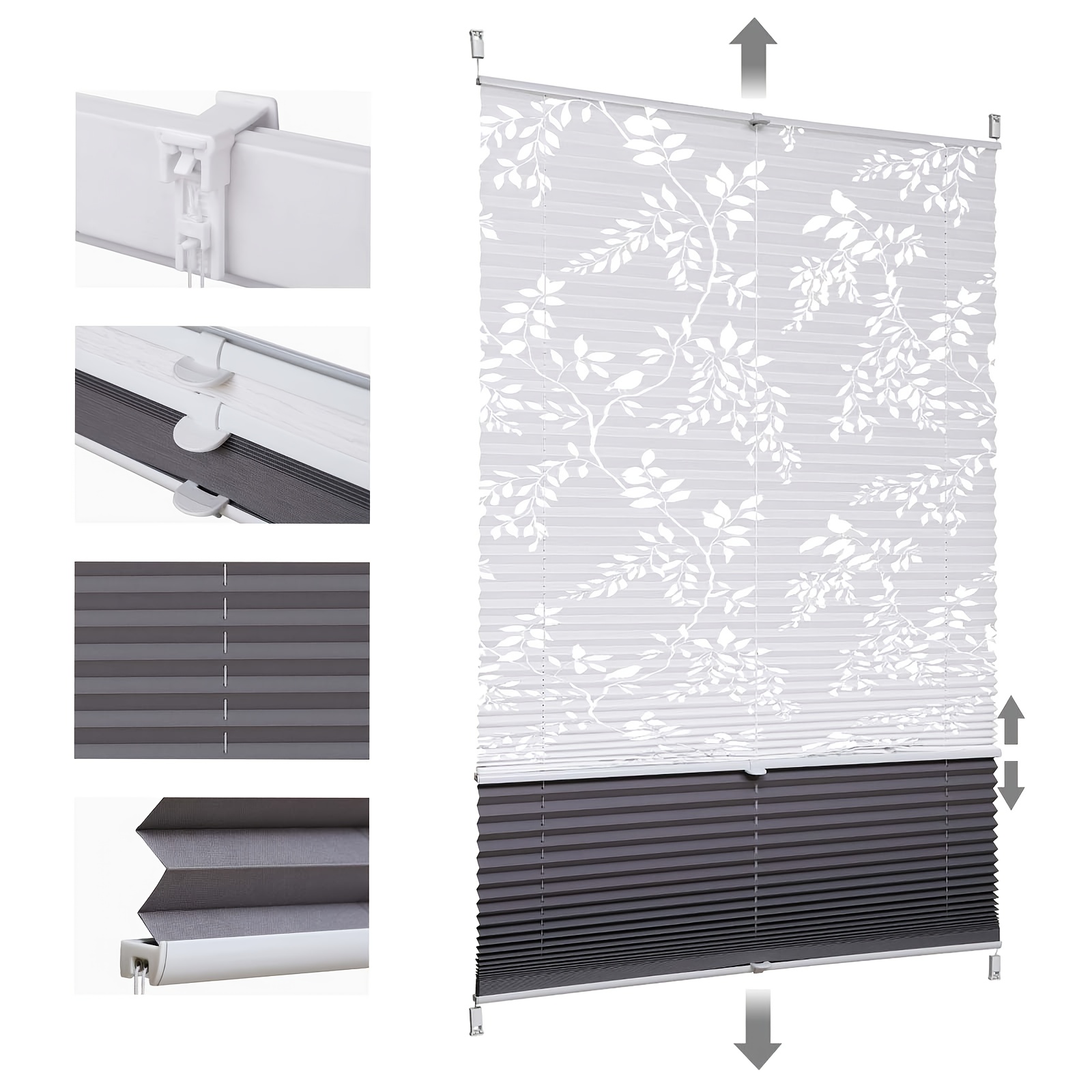 Image of Sekey Pleated Blinds, Double Pleated, Day And Night, Blackout, No Drilling Required, Tensioned, Light Protection, Clip-on Fix, White And Grey, Print And Grey, Beige