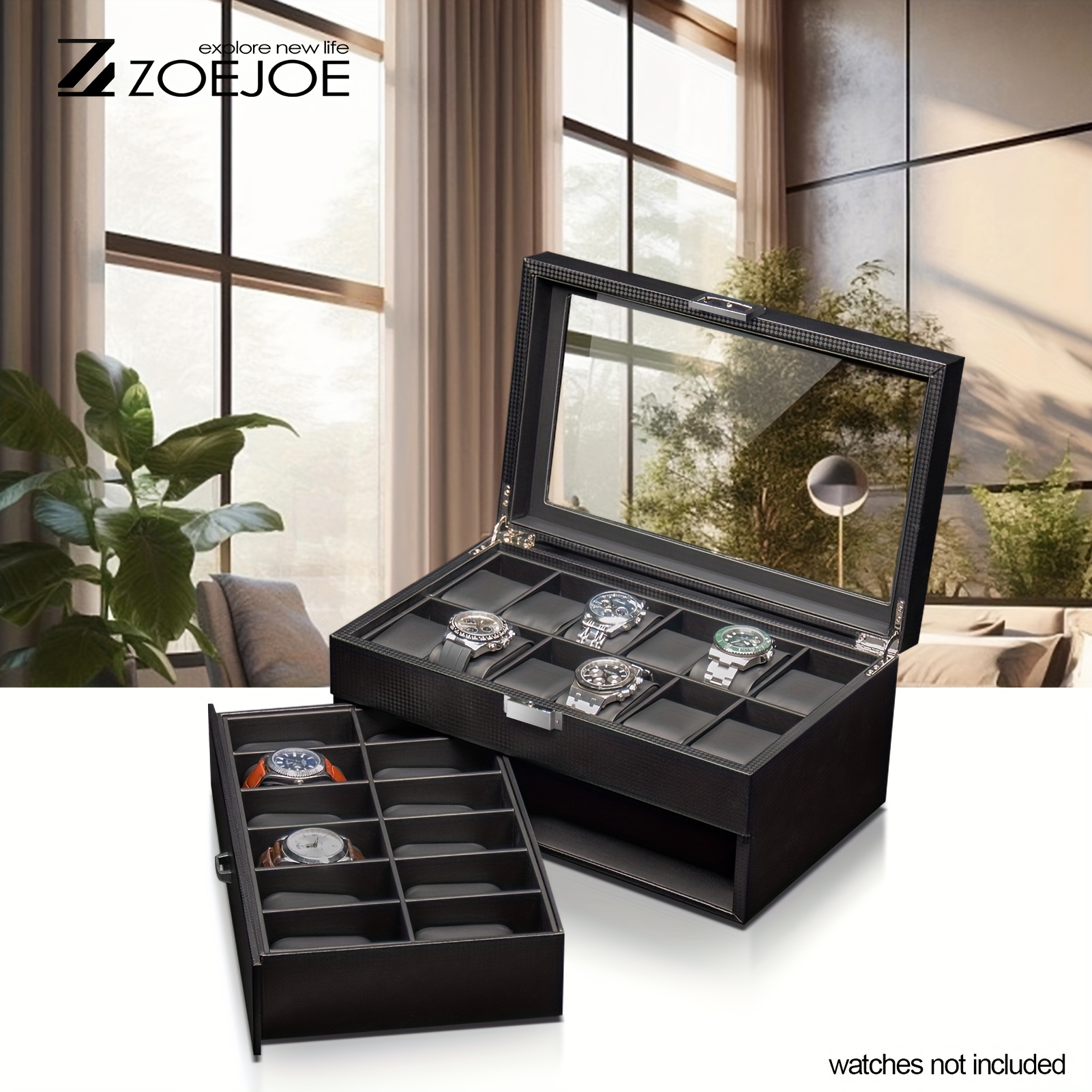 8-Slot Watch shops Box, 2-Tier Watch Display Case with Large Glass Lid