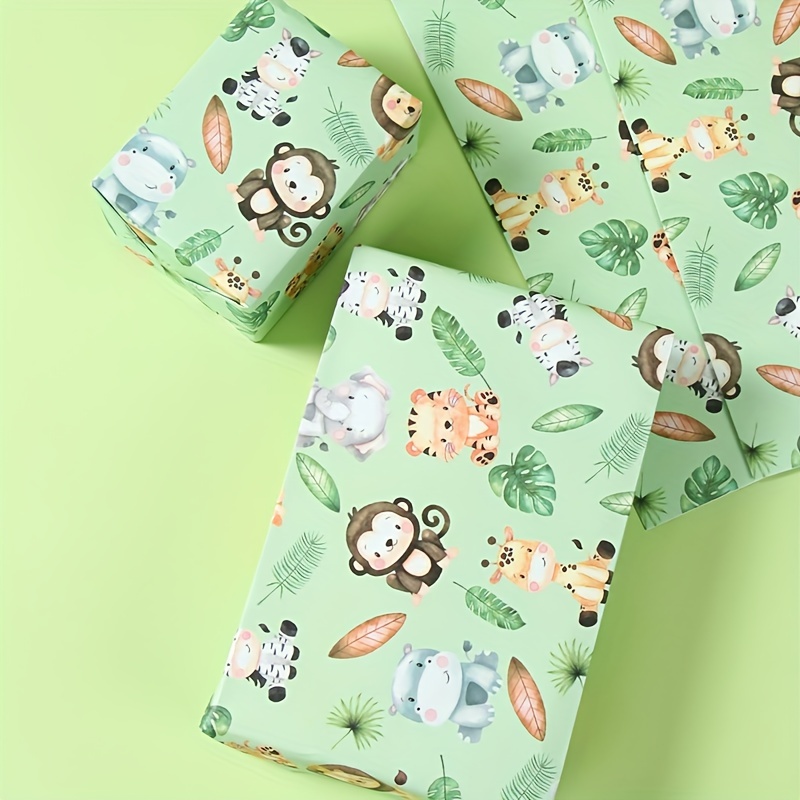 

6pcs Jungle Safari Animal Gift Wrap Paper Set - Green Forest Themed Wrapping Paper Rolls For Birthday Party Decor, Packaging Paper For Gifts With Various Animal Patterns - Paper Material
