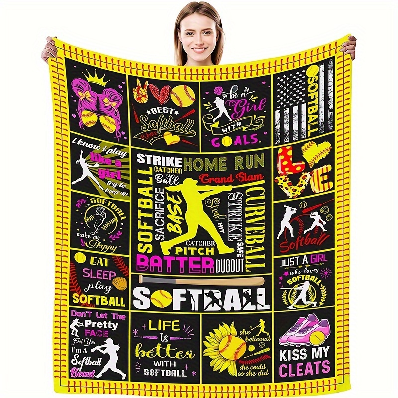 

Preppy Style Softball Theme Flannel Throw Blanket, Digital Print Cozy All-season Knitted Polyester Sofa Blanket, Yellow Edge Baseball-inspired Design, Lightweight Warmth, Machine Washable - 200-250g