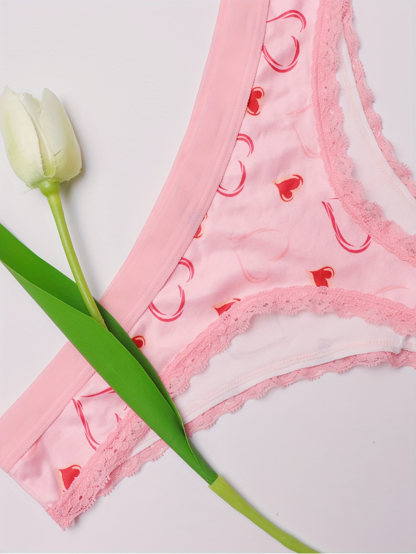7pcs Floral & Heart Print Thongs, Cute & Comfy Lace Trim Intimates Panties,  Women's Lingerie & Underwear