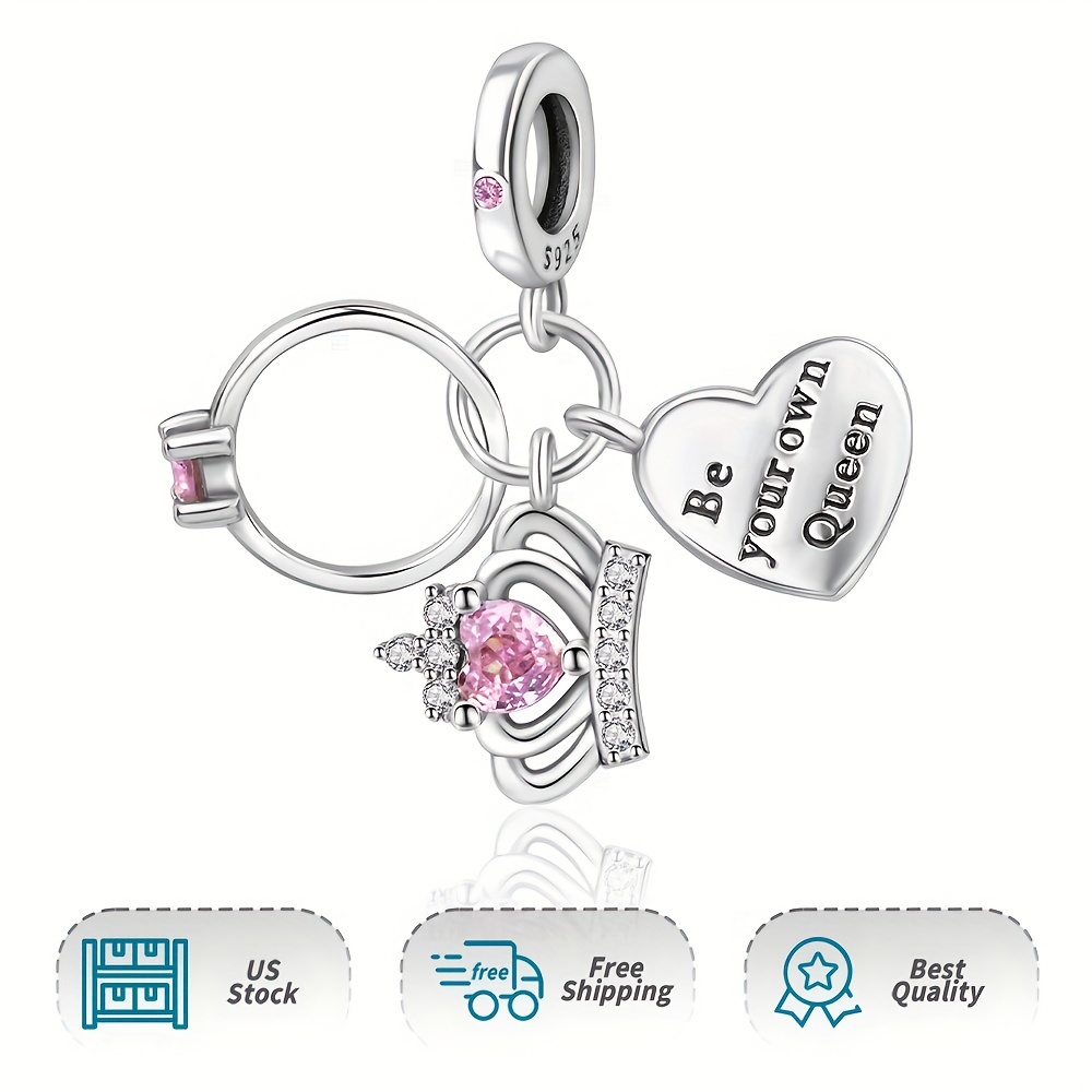 

Women Authentic Crown, Ring And Heart Tag Triple Dangle Charm 925 Sterling Silver Pendant Charm For Moment Bracelet & Necklace Daily Use Holiday Diy Gifts