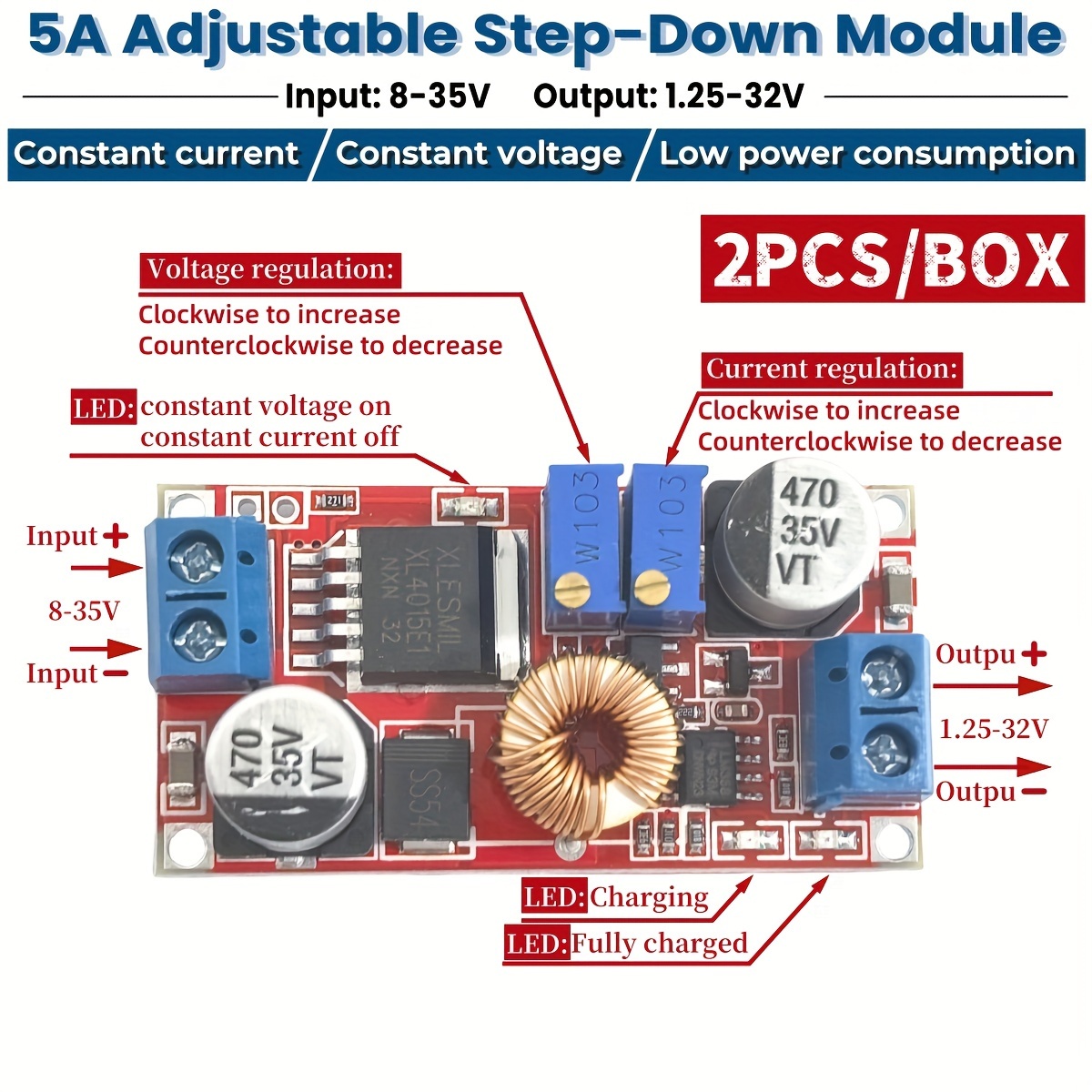 

2pcs Xl4015 5a Dc To Dc Converter With Cc Cv - Lithium Battery Charger & Supply, Adjustable Voltage (1.25-32v), Overcurrent Protection