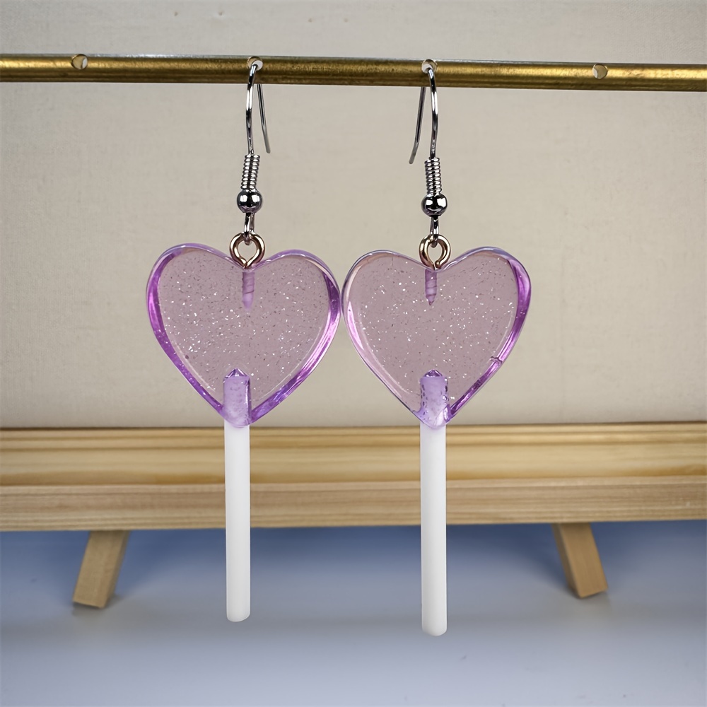 candy color heart shape lollipop dangle earrings   resin jewelry valentines day gift for lovers details 4