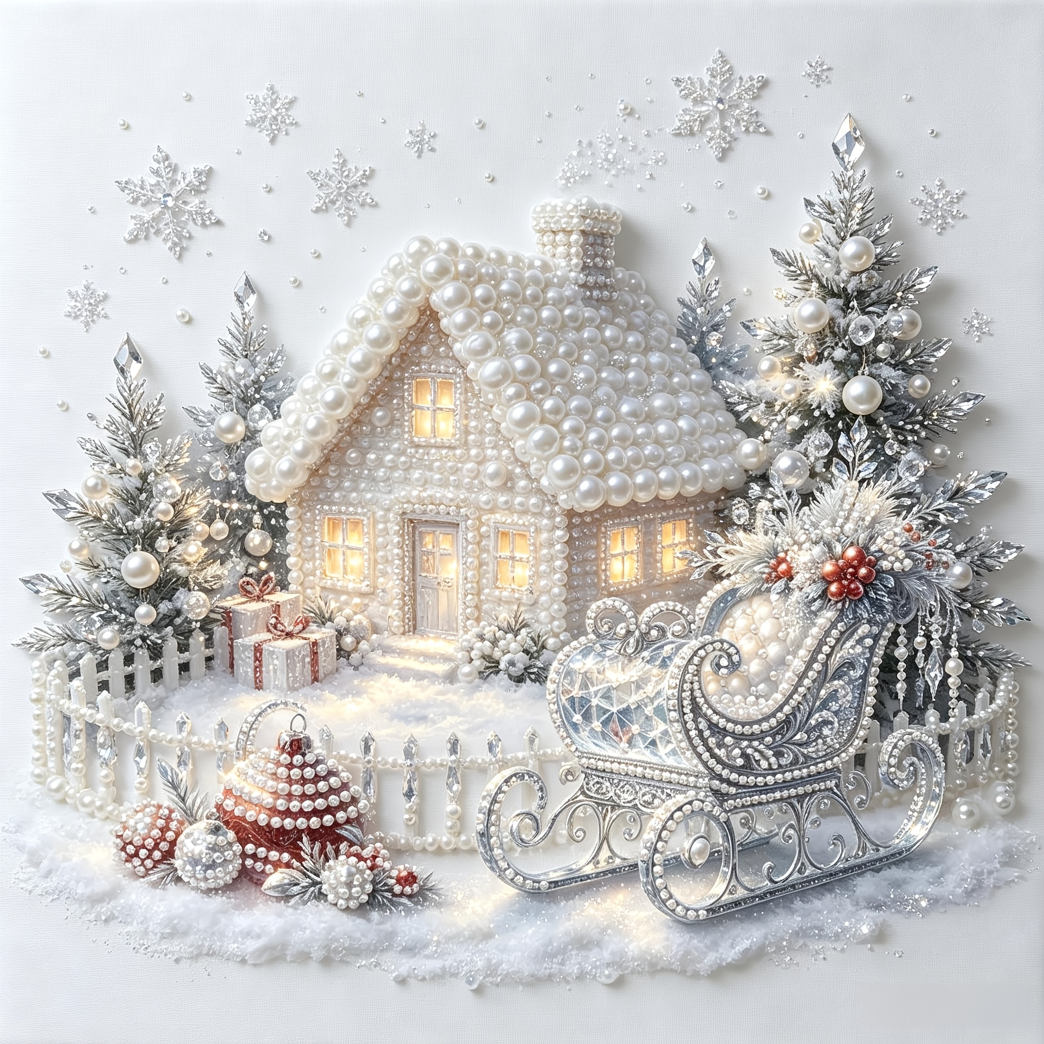 TEMU Elegant Pearl Christmas Sleigh, Christmas House, 2d Flat Pearl Art Kit, Warm Light Windows, Snowy Pine Trees, White Picket Fence, Christmas