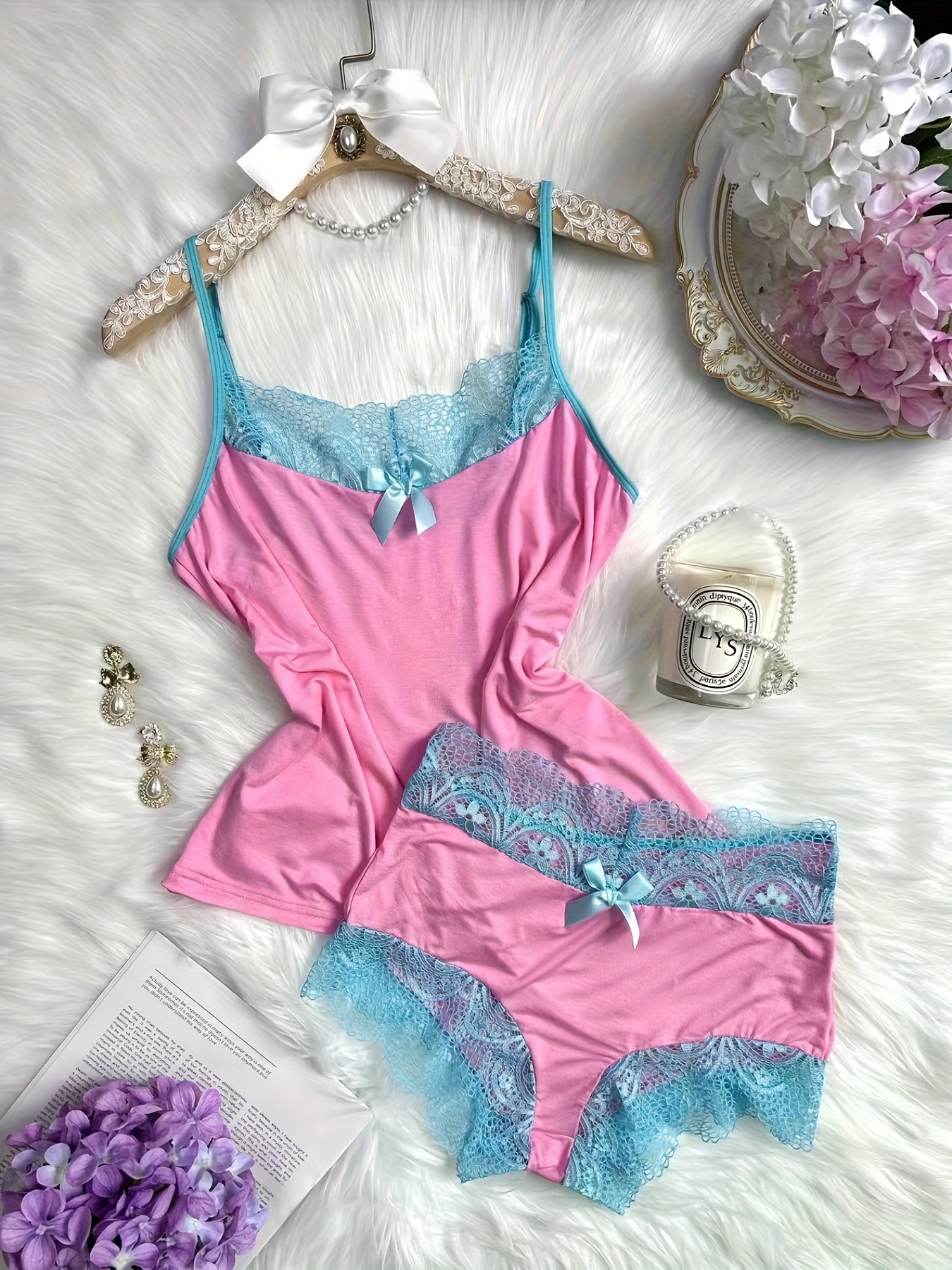contrast color lace splicing v neck bow splicing soft and comfortable     pajamas set