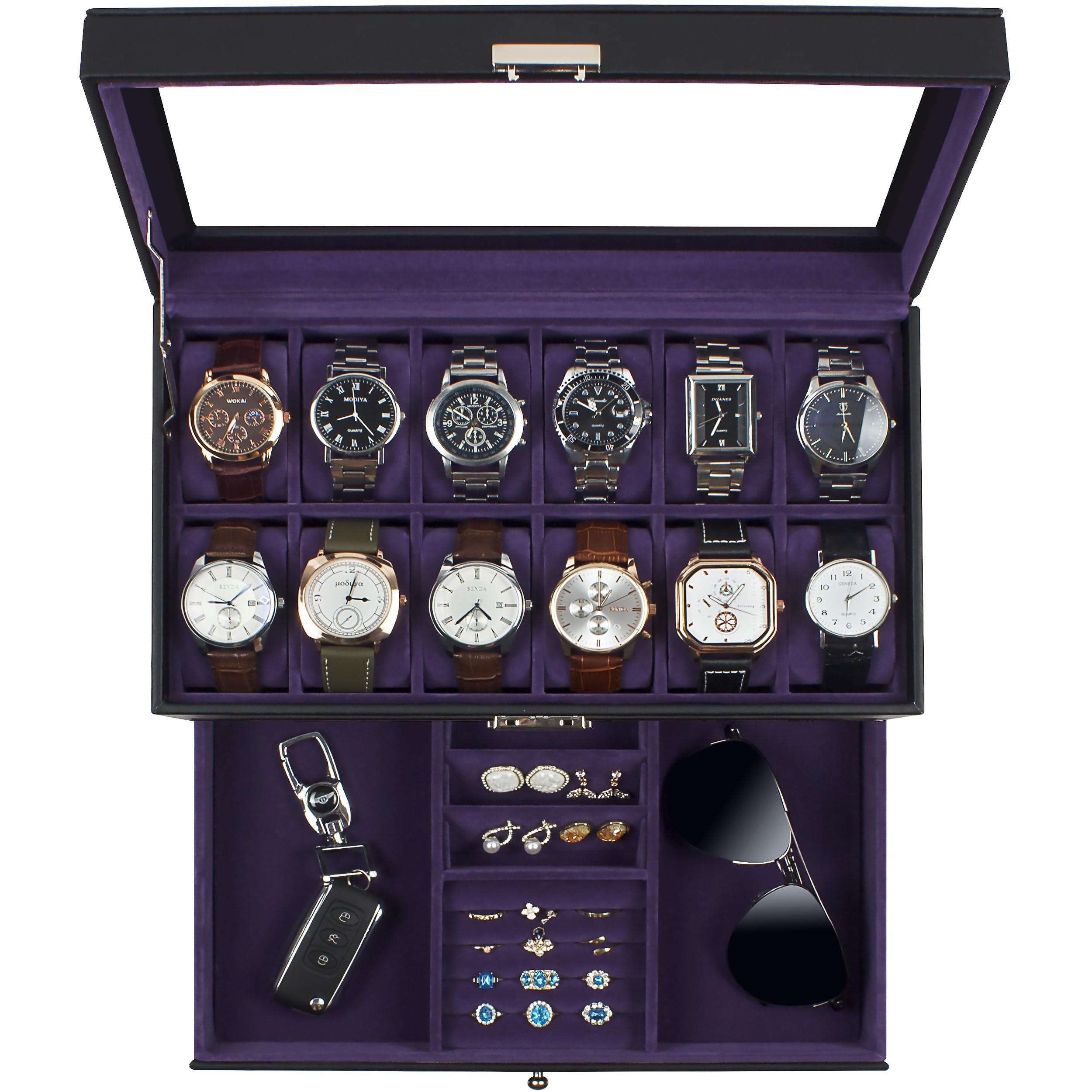 12 Slot Leather Watch Box Luxury Watch Case Display Jewelry *nizer  Locking Watch Display Case Holder with Large Glass Top Watch Box